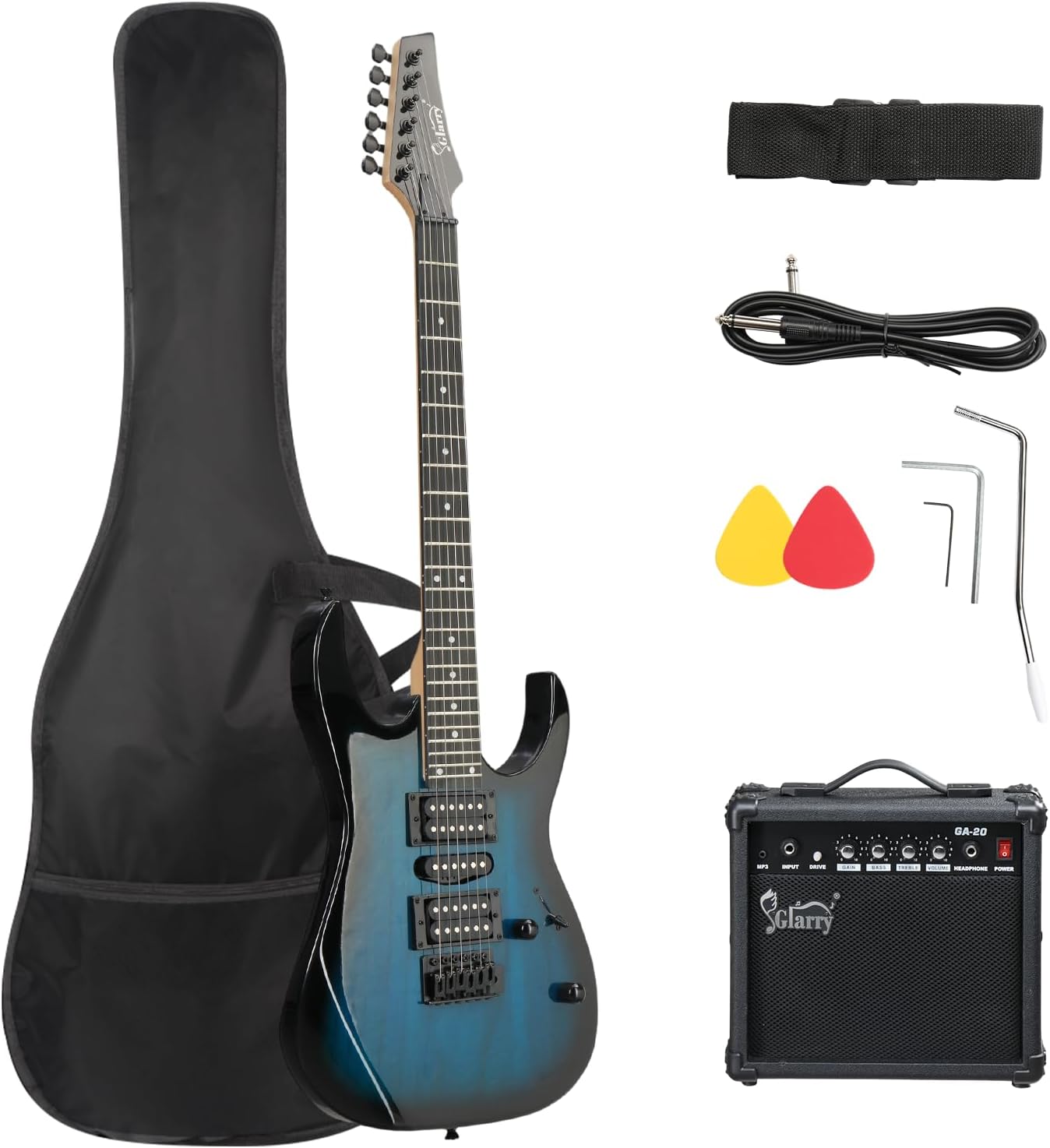 GLARRY 39" Full Size Electric Guitar Kit for Beginners, Starter Electric Guitar Set with 20W Amp & HSH Pickups, Model 170 (Turn Blue)