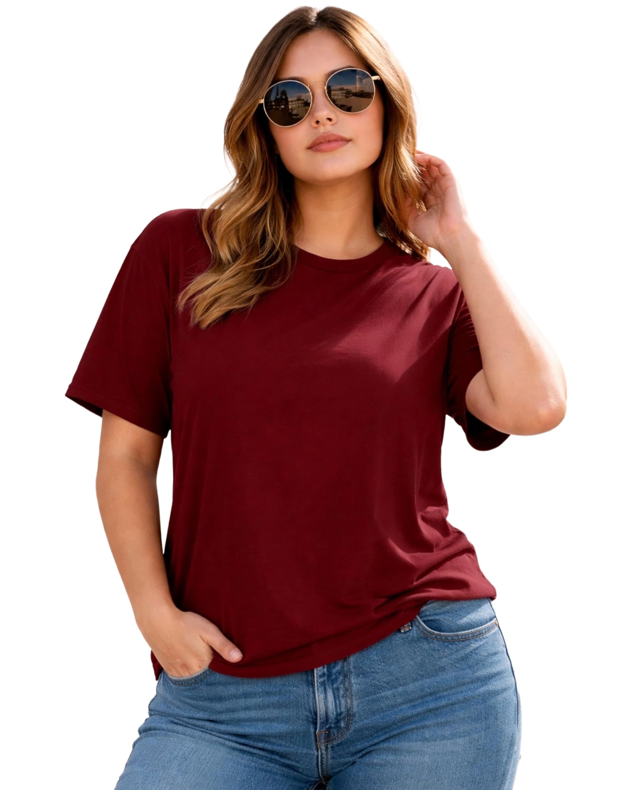 Women's Plus Size Crew Neck T-Shirt, Short Sleeve, Casual Solid Burgundy Top-picture-14