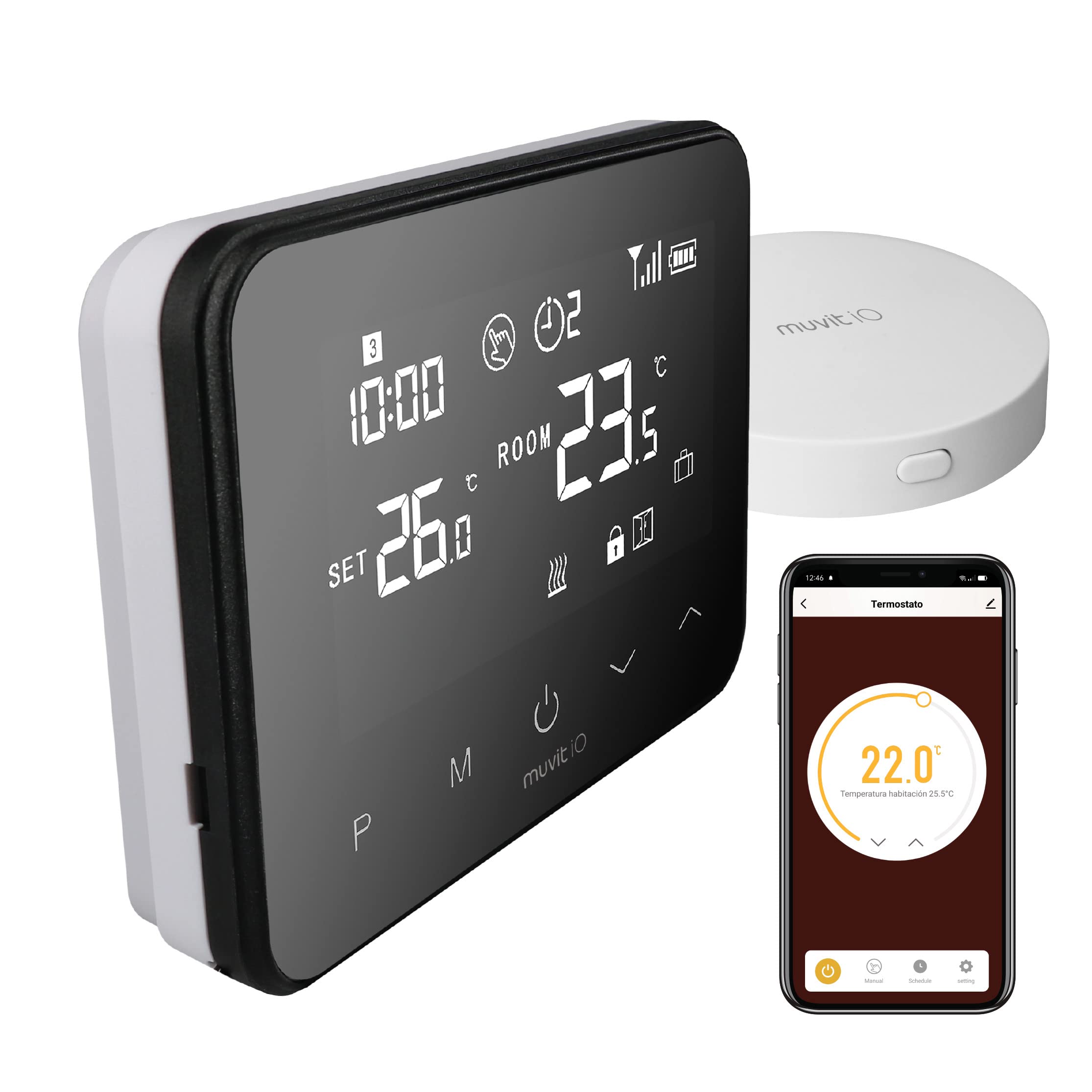 Muvit Termostato de 2 Hilos Wi-Fi Inteligente para Caldera y Calefacción, con Adaptador, Medidor Consumo, Control táctil, Detección Ventanas Abiertas, Control App y Voz, Alexa/Google/Siri
