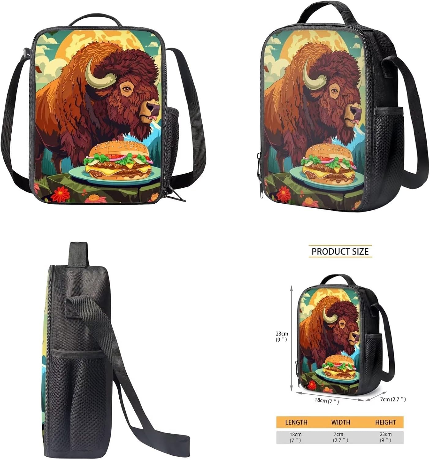 Vibrant Hamburger Bison Print Backpack for Girls Boys 17 Inch Bookbag with Insulated Lunch Bag Pencil Case Kids Cute Backpack with Lunch Box Padded Back School Bag