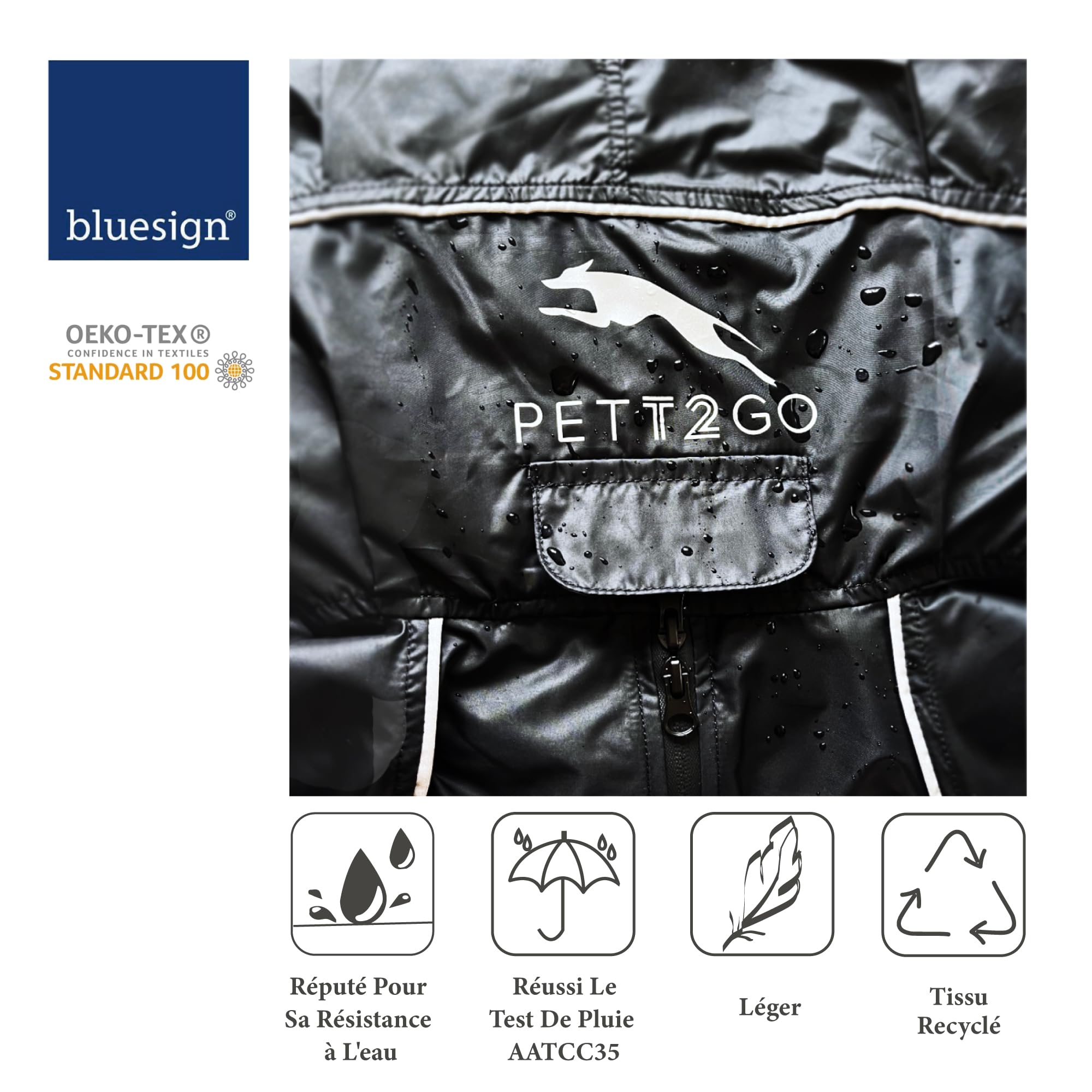Coupe-Vent Léger pour Chien, Manteau avec Jambes, à Capuche, Trou pour Laisse, Réfléchissant, Compactable (Noir Charbon, M)