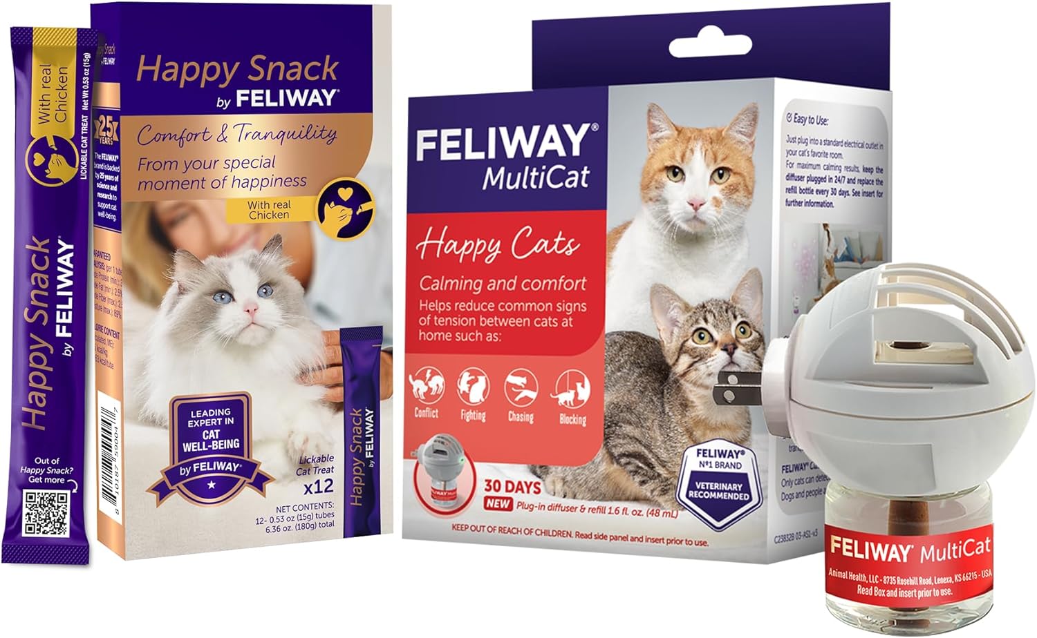 FELIWAY MultiCat 30 Day Cat Calming Pheromone Diffuser Kit & Happy Snack Delicious Calming cat Treats (12-ct Chicken Flavor)