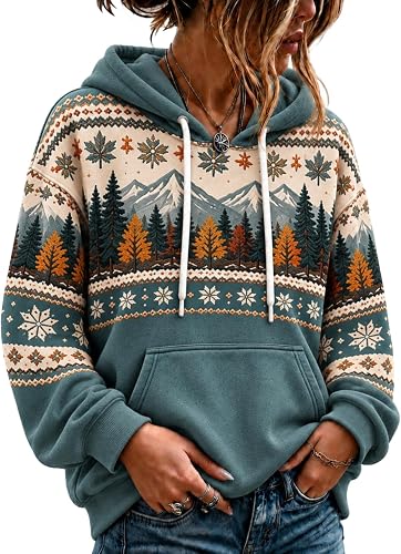Womens Fair Isle Style Hoodie Boho Fall Maple Forest Tree Print Sweatshirt