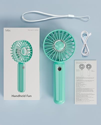 Vista 8 de Mini ventilador portátil de mano, pequeño ventilador personal con pilas, ventilador de pestañas, silencioso USB, recargable, 3 velocidades, Azul