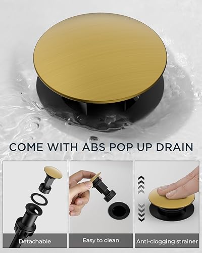 Miniatura 9 de FORIOUS Juego central de grifo de baño dorado cepillado de 4 pulgadas, 2 manijas y 2 agujeros dorados para tocador de baño con metal emergente,