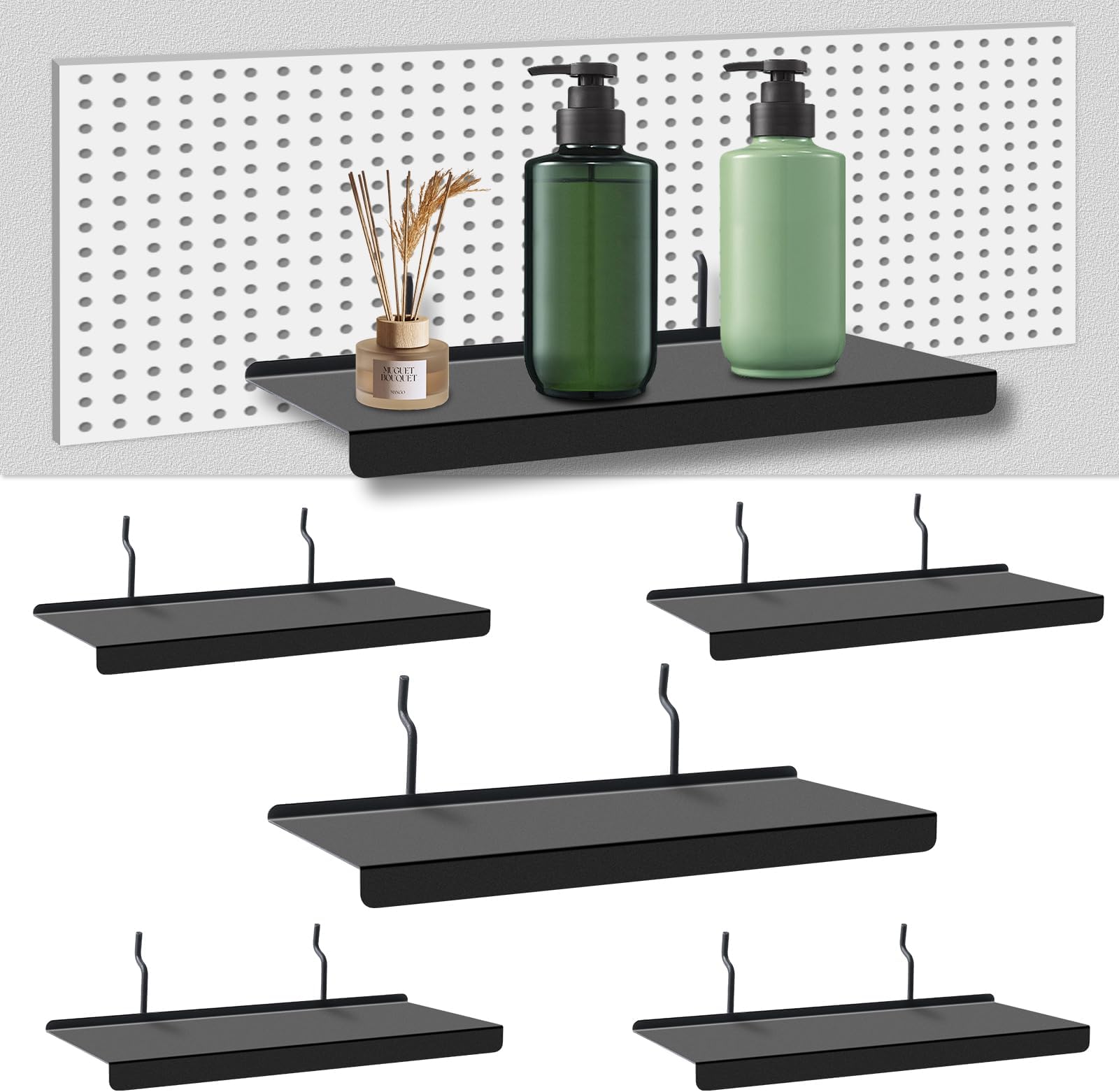 PEKGRIL 10x4.3 Inch Pegboard Shelves Set of 6, Metal Peg Board Shelves Accessories, Flat Display Shelves for Pegboard, Metal Retail Display for Storage and Organization, Black