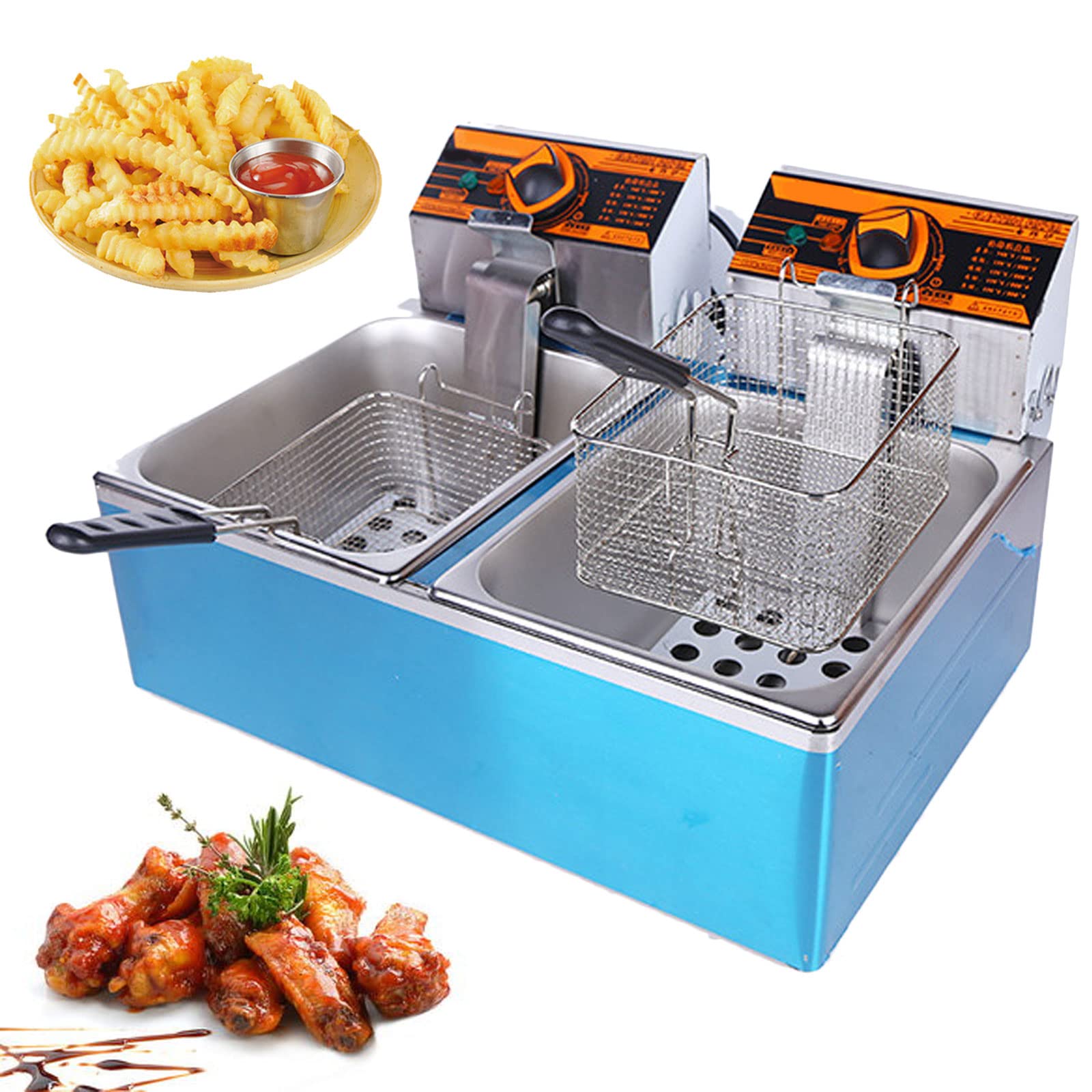 Friggitrice elettrica in acciaio inossidabile Friggitrice commerciale con cestello e coperchio, 5,5 litri 11 litri Facile da pulire, Friggitrici elettriche da banco, Friggitrice ad aria (Color : Doub