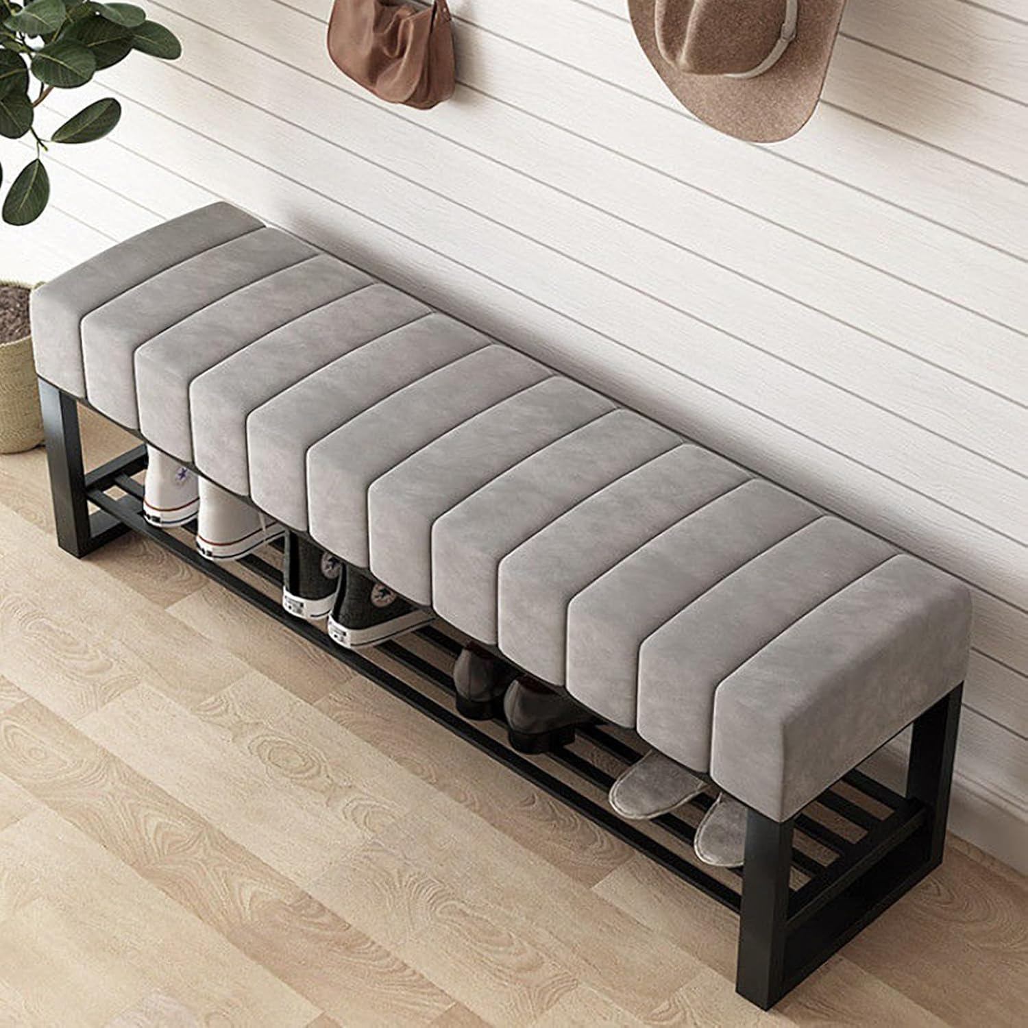 Banc de rangement chaussures gain de place avec coussin pour couloir
