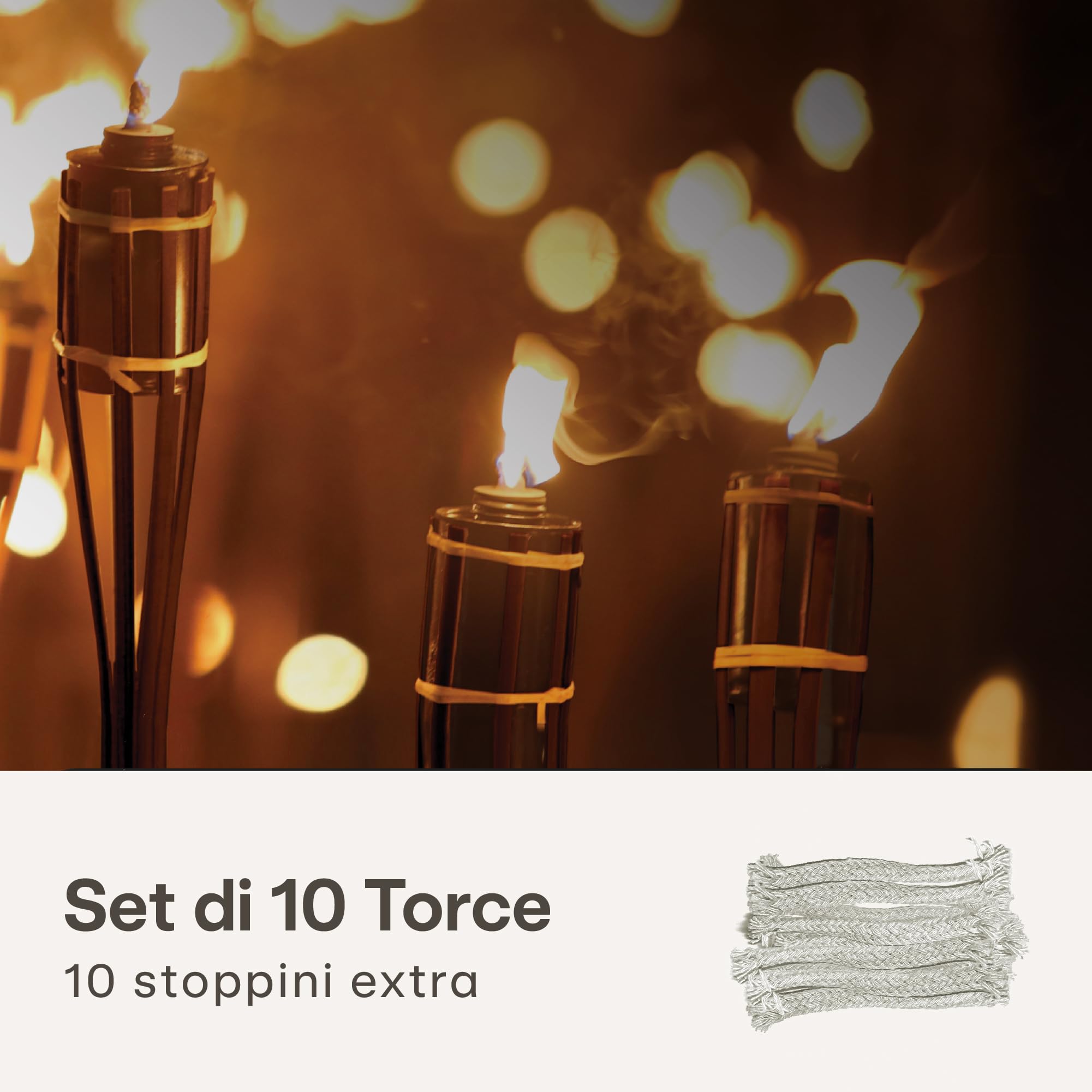 Fiaccole da Giardino in Bambù 90cm - 10 Torce con 10 Stoppini Extra - Lunga Durata di Combustione - Ricaricabile