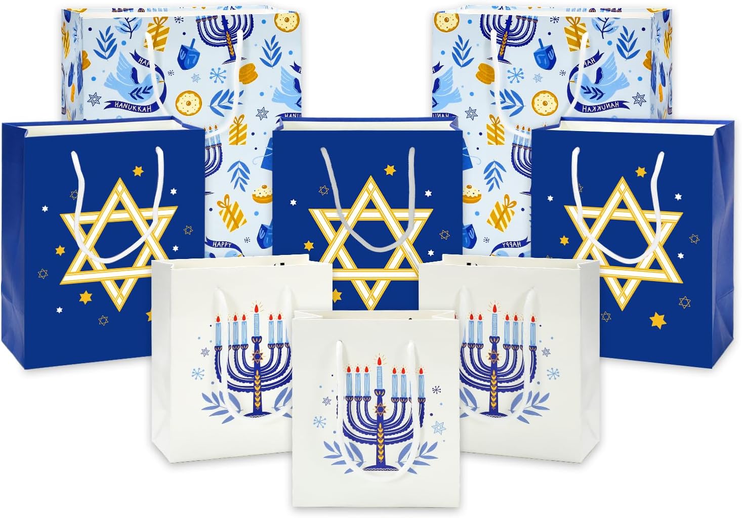 JarThenaAMCS 8Pcs Hanukkah Paper Gift Bag Blue Menorah Star Treat Bags with Handles Candy Goodie Bags for Chanukah Birthday Baby Shower Party Favors Supplies