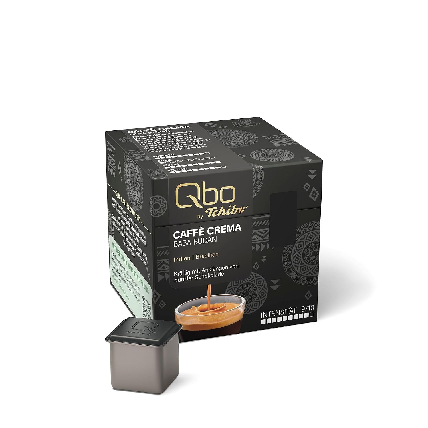 Tchibo Qbo Caff  Crema Baba Budan Premium Coffee Capsules Pack of 27 Caff  Crema Intensity 09/10 Strong Notes of Dark Chocolate Sustainable & Made from 70% Renewable Raw Materials