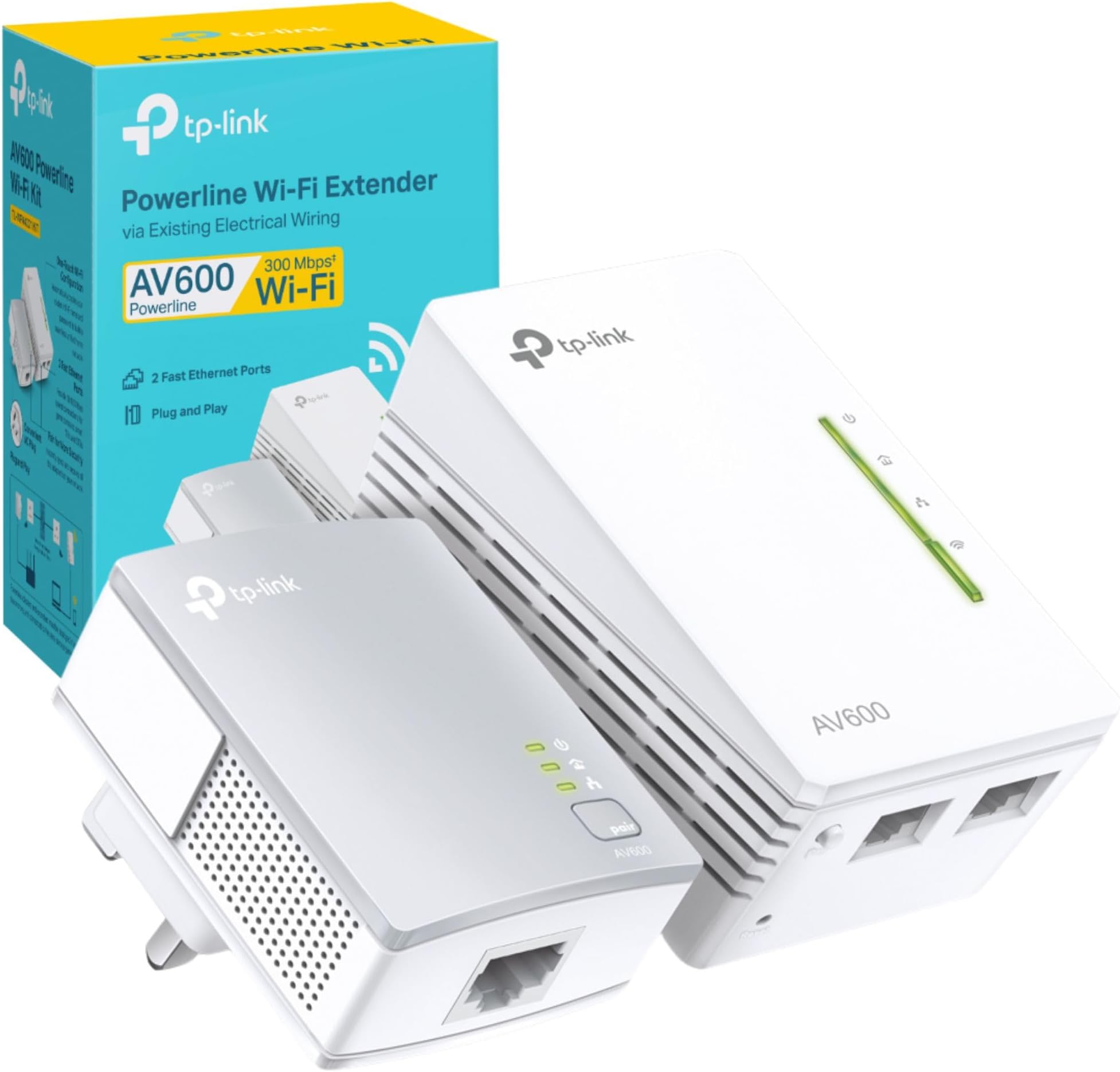 TL-WPA4221 KIT AV600 Powerline WiFi Extender Kit, Up to 300Mbps, 2+1 Ethernet Ports, HomePlug AV, Wi-Fi Hotspot, Boost Home Internet Signal, Powerline Adapters, Plug & Play, UK Plug