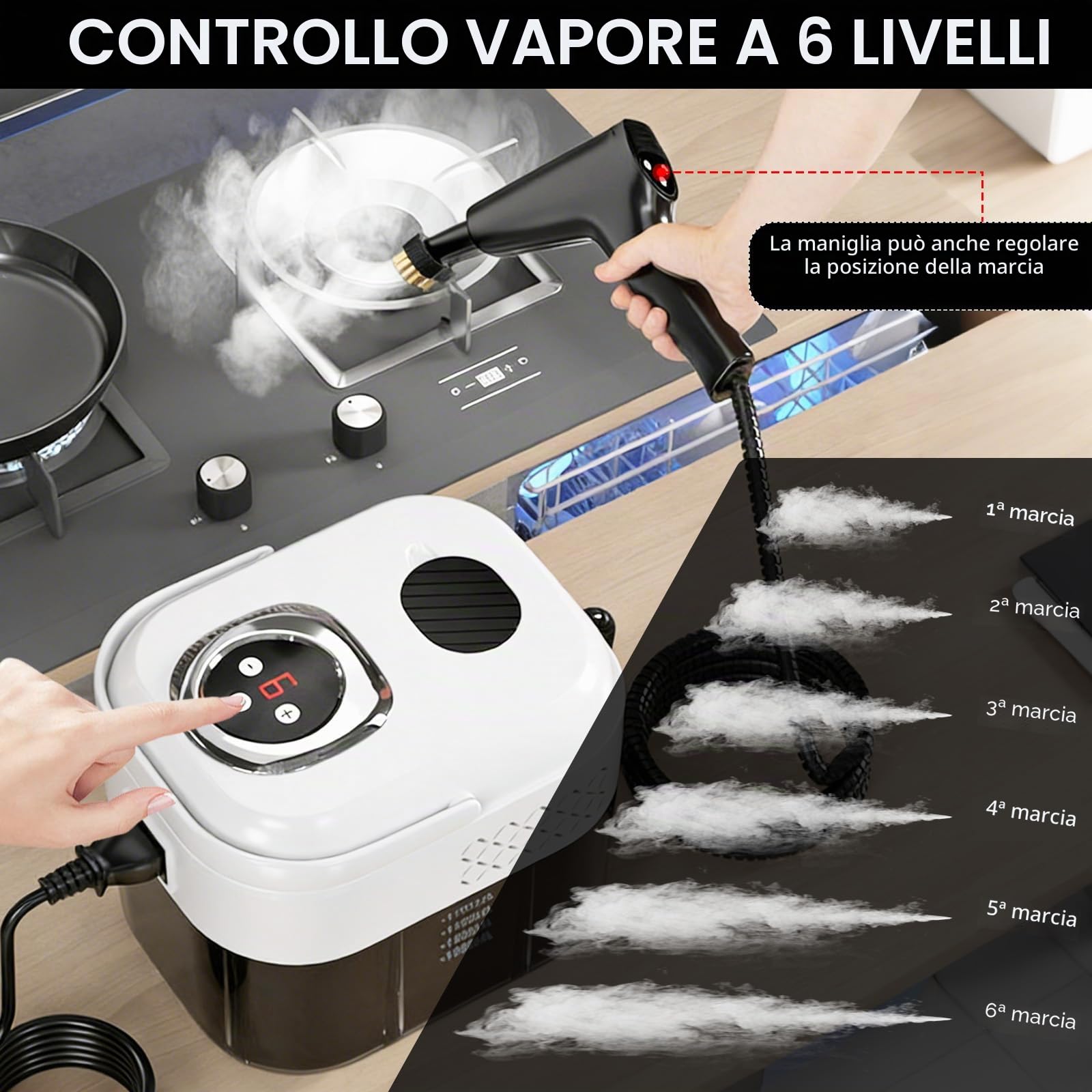 Pulitore a Vapore Portatile, 2500W Pulitore Vapore Casa, Maniglia Regolabile in 6 Livelli, Serbatoio Dell'acqua da 1700ml, Macchina per Pulizia a Vapore per Cucina, Piastrelle, Mobili