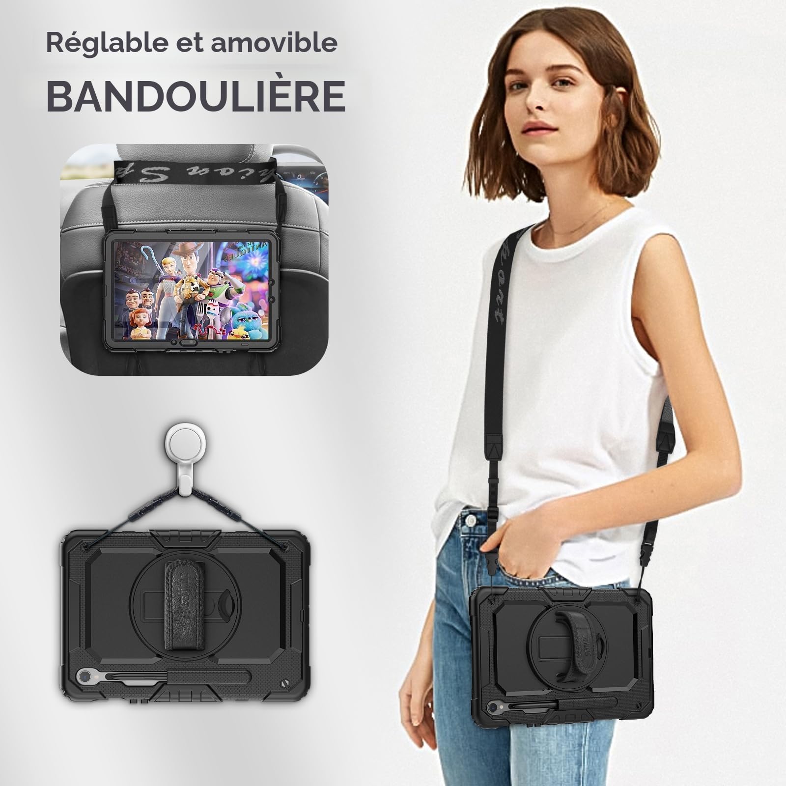 SEYMAC Coque pour Samsung Galaxy Tab S10 Lite / S10 FE / S9 FE 10.9 Pouces / S9 11 Pouces, Coque Antichoc avec Protecteur D'écran, Dragonne, Bandoulière, Support et Porte-Stylo, Noir
