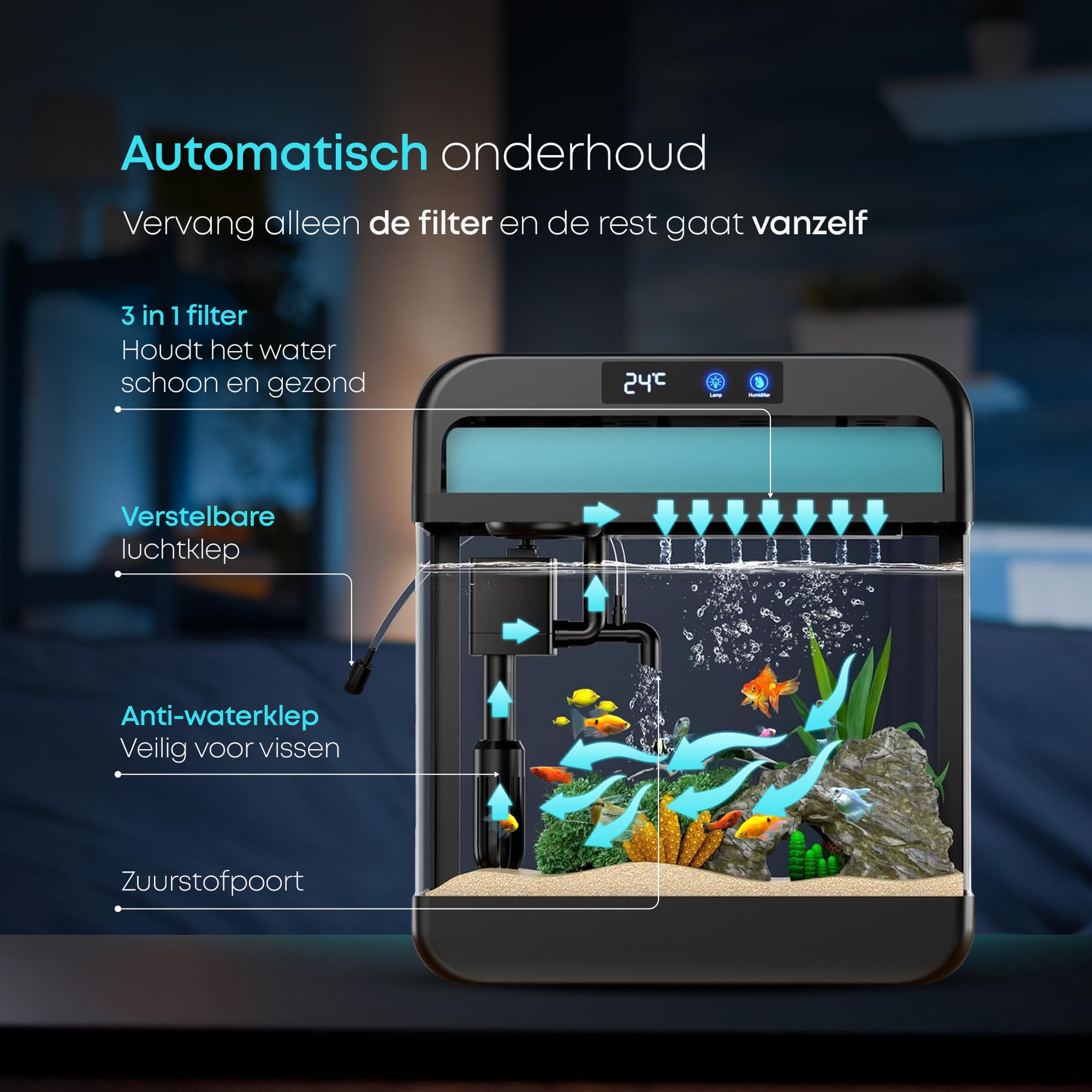 Selbstreinigendes Aquarium 26L Komplettset Nano Aquarium mit 3-in-1 Filter, LED Beleuchtung und Touch Display, integrierter Luftbefeuchter zur Unterstützung der Wasserqualität im Aquarium