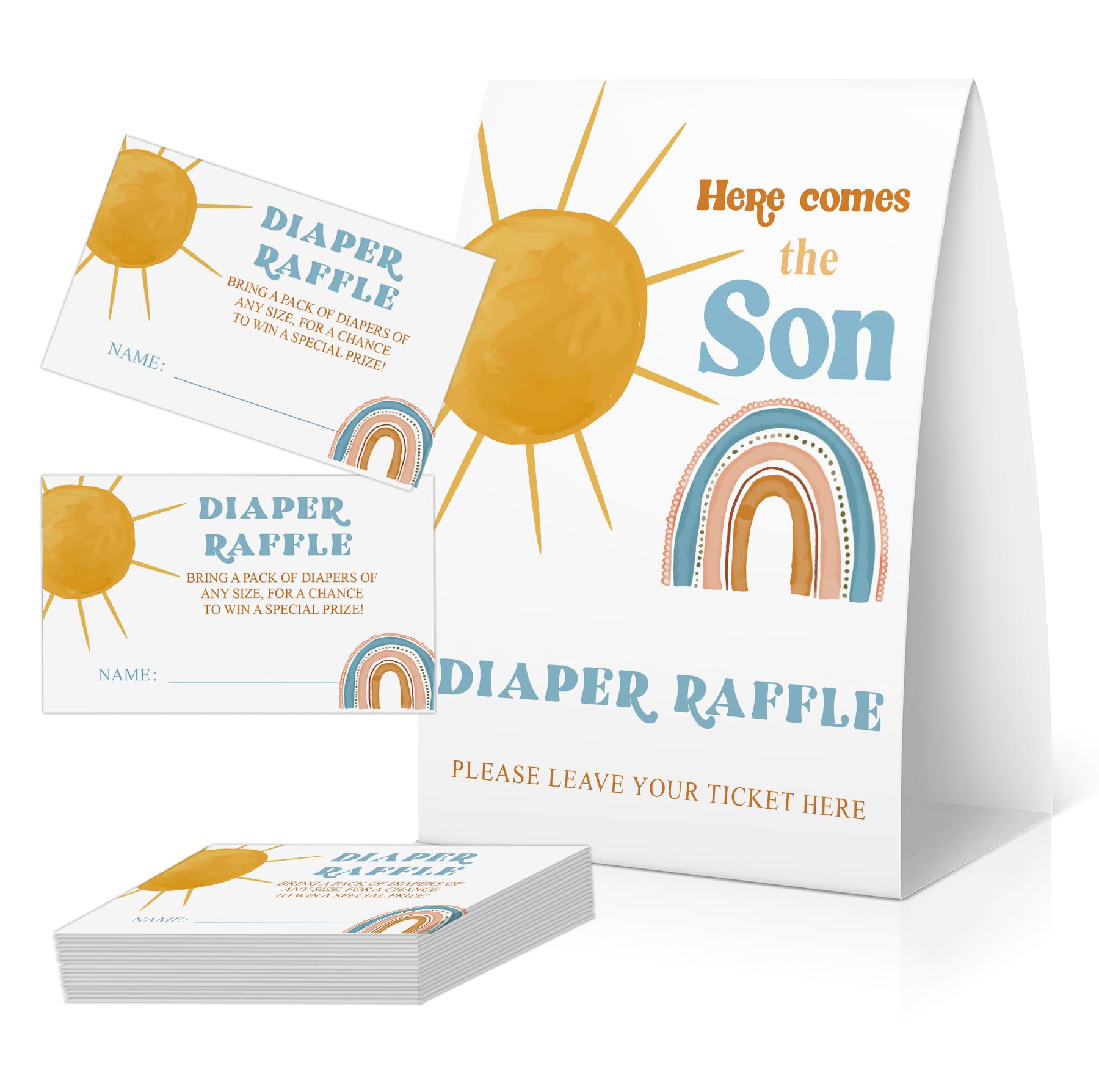 OXEDP Baby Shower Games, Boho Sun Diaper Raffle Sign with 50 Tickets, Diaper Raffle Cards for Baby Shower,Babyshower Invitation,Here Comes The Son Babyshower Decorations-DPRF05