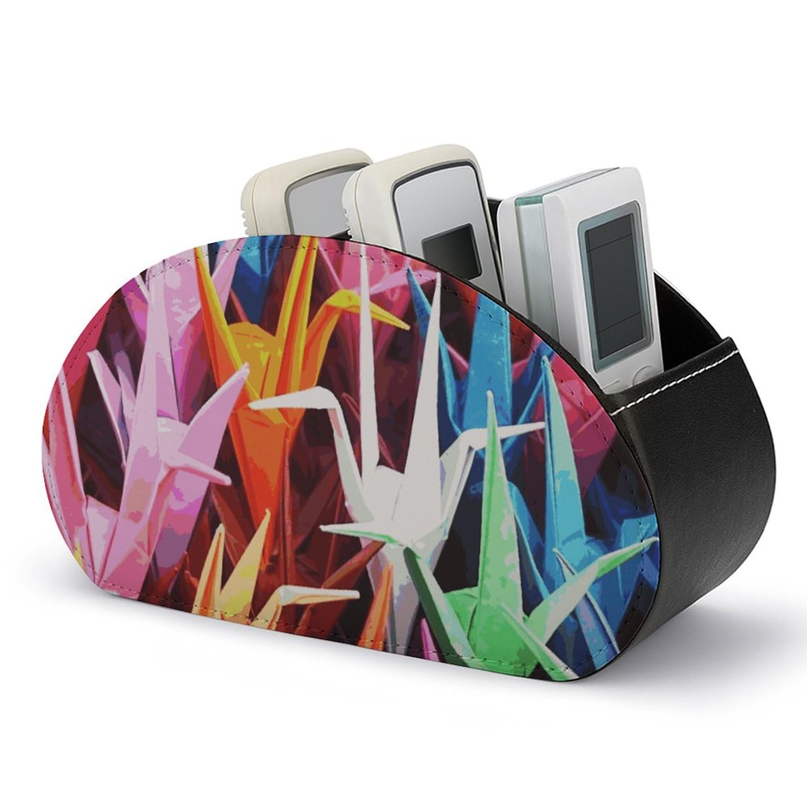 JTREHY PU Leather Remote Control Holder, Origami Paper Cranes Printed Desktop Caddy Storage with 5 Compartments, Fits TV Remotes, Media Controllers, Office Supplies, Makeup Brush
