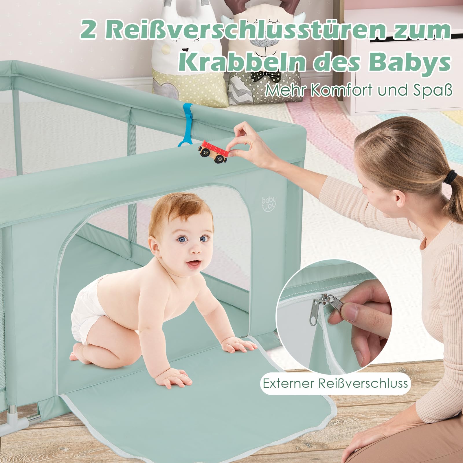 GOPLUS Kojec dla niemowląt 200 x 180 cm, kojec z materacem, 4 pierścienie pod ręce i 50 piłek do zabawy, kratka do raczkowania z oddychającą siatką, drzwi i zamek błyskawiczny dla niemowląt i małych