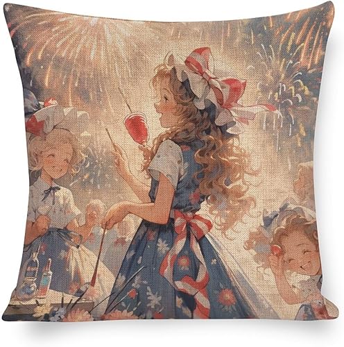 Funda de cojín con diseño de feliz celebración del 4 de julio con fuegos artificiales, funda de almohada para sofá de 16 x 16 pulgadas, diseño de