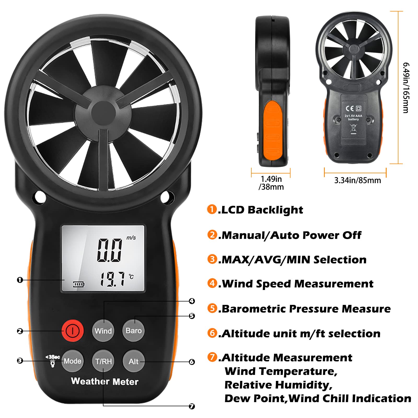 Digital Windmesser, LC-100-WM Handheld Anemometer zur Messung von Windgeschwindigkeit Temperatur Feuchtigkeit Altitude Luftdruck, Windmessgerät für HAVC Windsurfen Segeln Drohne