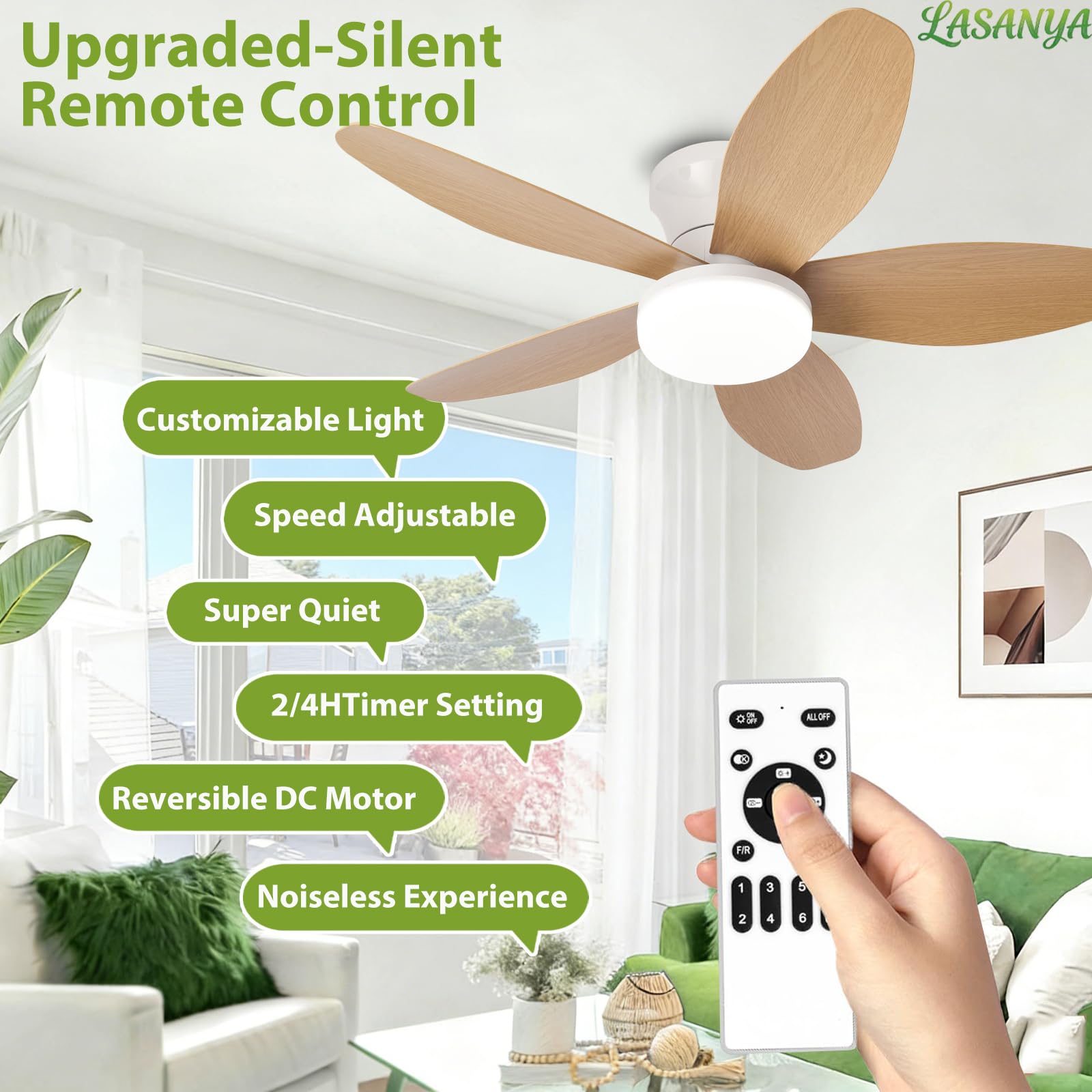 Ventilatore da Soffitto con Luce e Telecomando Soggiorno Lampadario Ventilatore da Soffitto a 5 Pale Dimmerabile Per Camera da Letto Reversibile, 6 Velocità, Motore DC-White-Wood||88CM