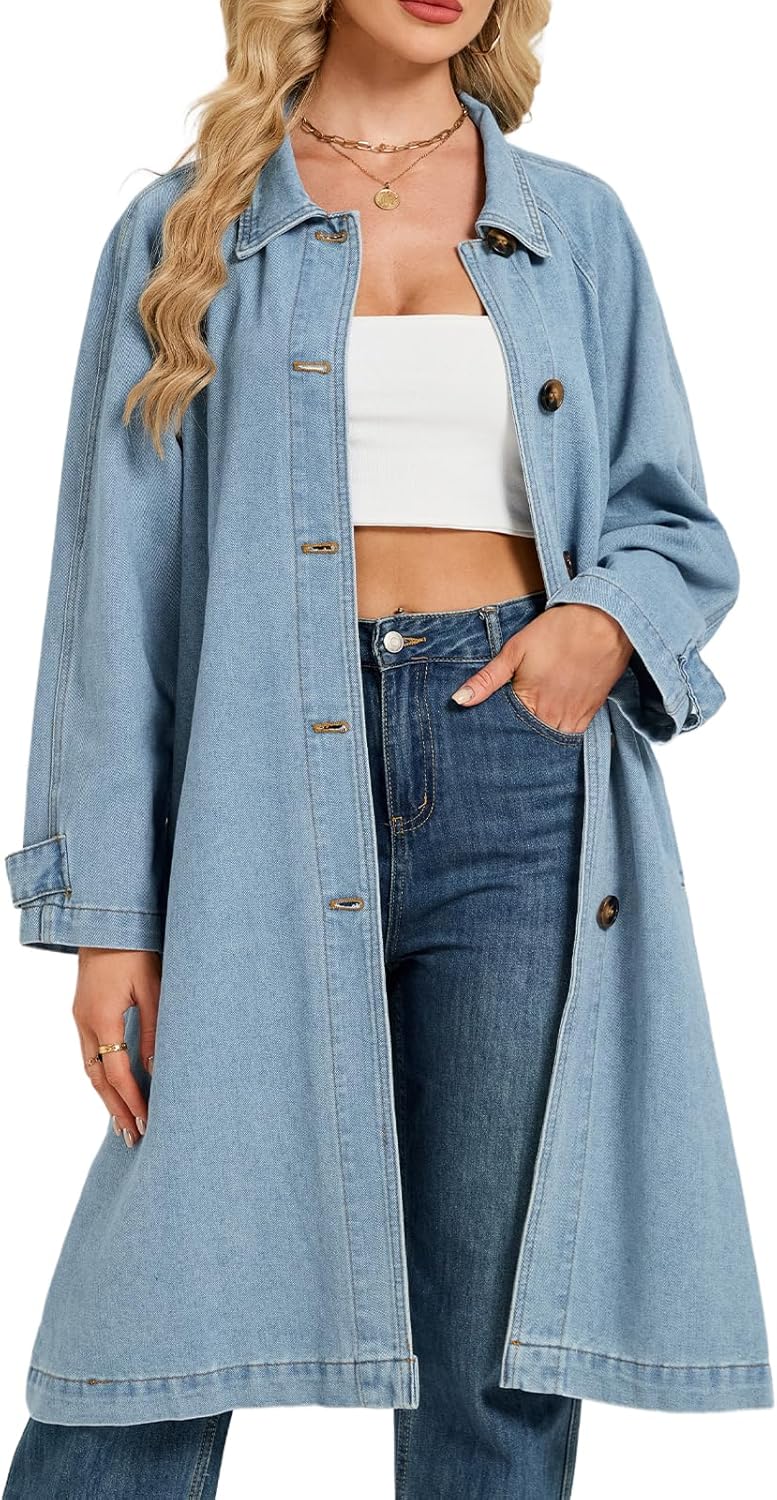 LifeShe Denim Trench Coat Women Midi Long Jean Jacket Oversized Single Breasted Maxi Duster Overcoat