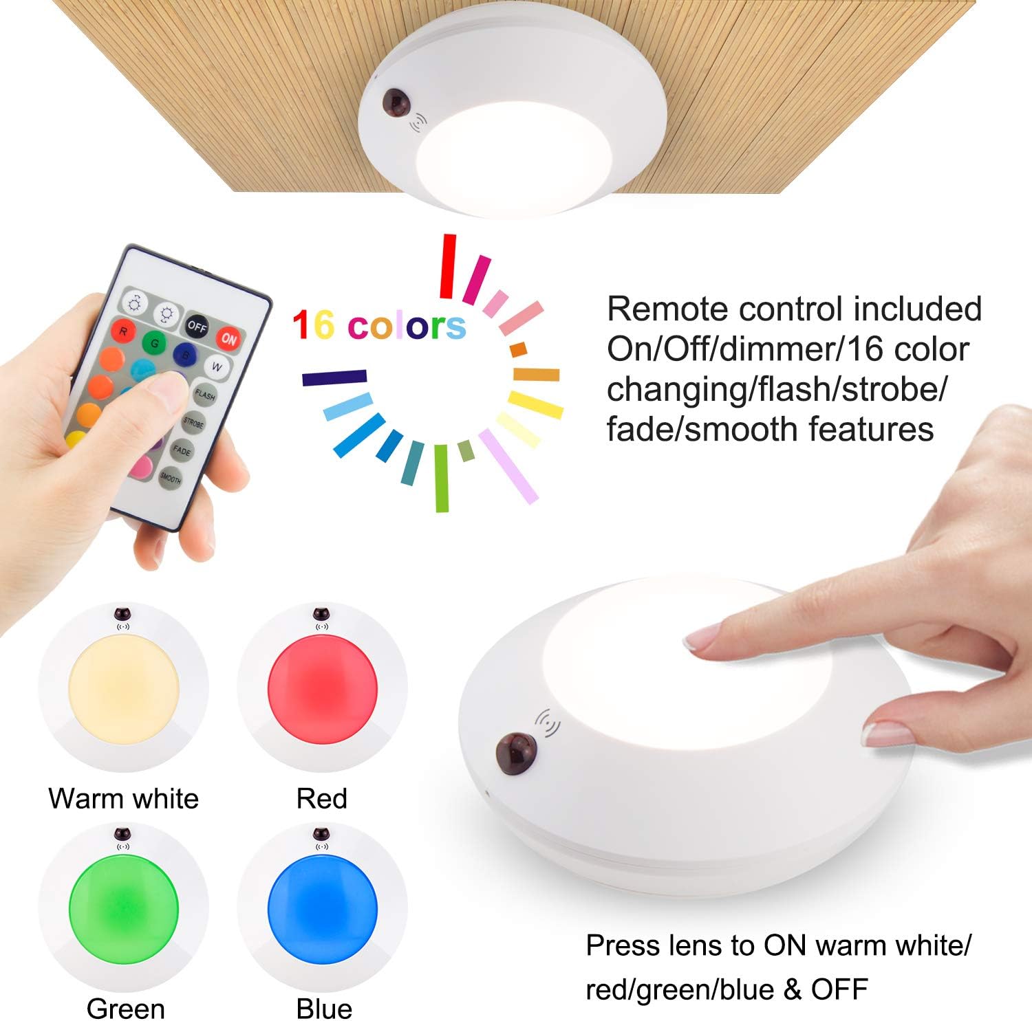 HONWELL Battery Powered Ceiling Light with Remote, Indoor LED Ceiling Light Fixtures, Wireless Shower Light, 300LM 4 Modes 16 Color Changing Lights Dimmer for Laundry, Garage,Entrance,Hallway-5 Inch