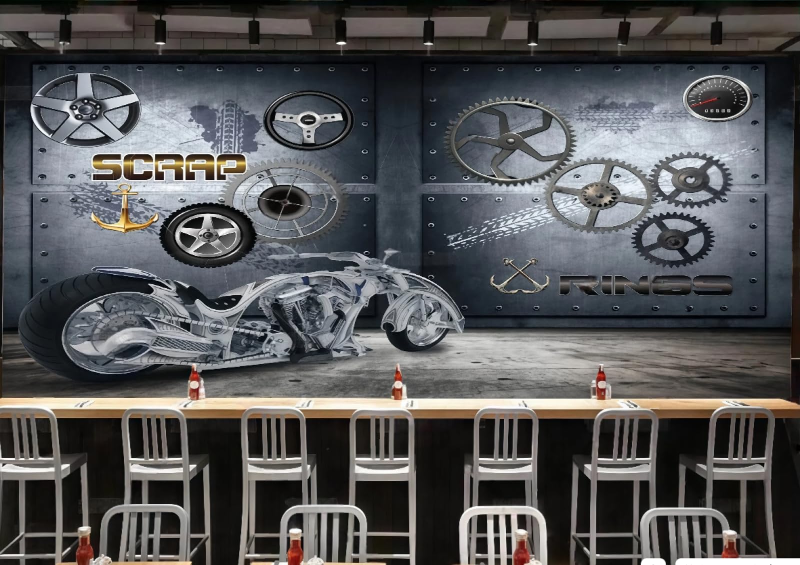 XDOUBAO Wallpaper Fashion Nostalgic Mechanical Motorcycle Gear Theme Bar Dessert Shop Afternoon Tea Western Restaurant Background Wall Wallpaper Coffee Shop Mural,3D,150x105cm