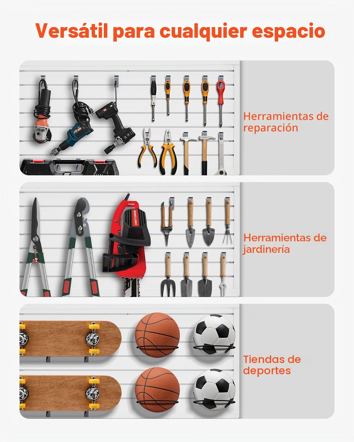 VEVOR Paneles de Pared de Listones 1225 x 645 x 20 mm, Panel de Listones de Garaje de PVC Diseño Modular con Estructura de Acoplamiento y Corte de Bricolaje para Almacenamiento y Exhibición, Blanco