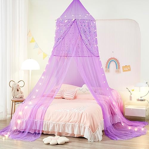 Toldo de cama de unicornio para niñas, toldo de cama con luces, toldo para decoración de habitación de niñas, toldo para tamaño individual a king