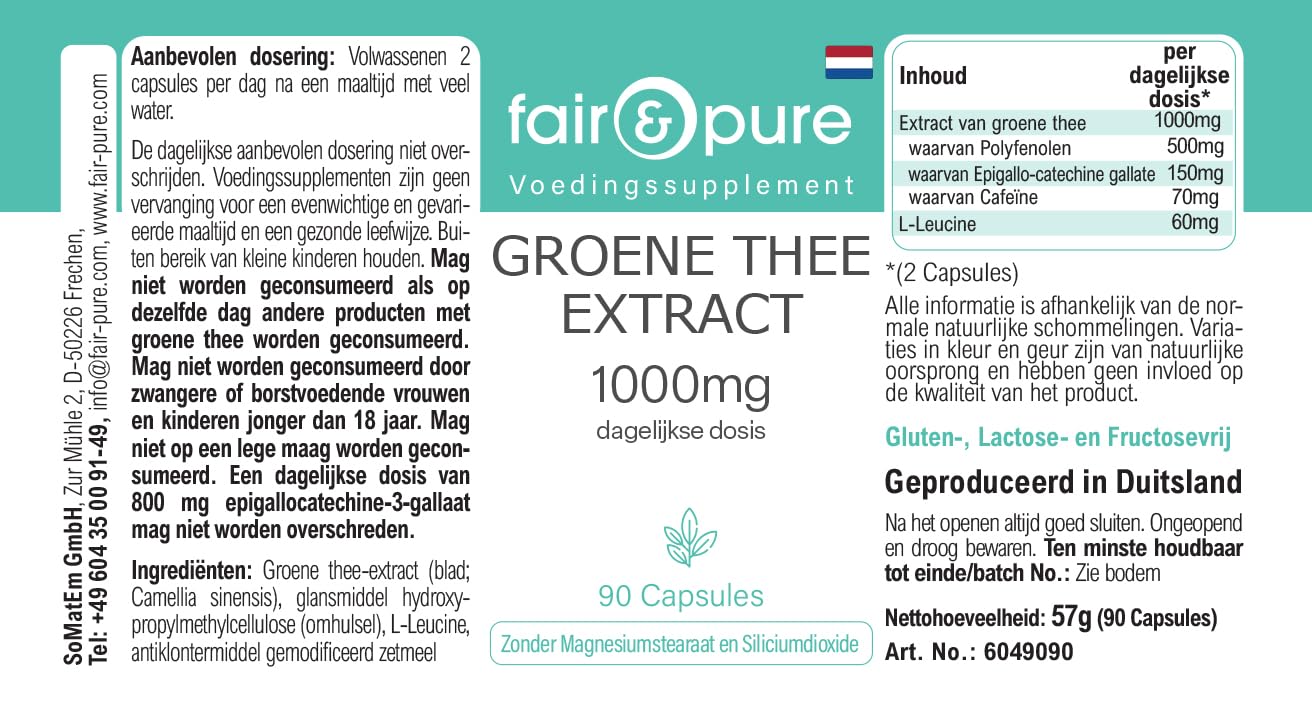 Fair & Pure® - Estratto di tè verde 1000 mg (Camilla sinensis) - 90 capsule - 50% polifenoli (tra cui EGCG) - vegano - senza magnesio stearato
