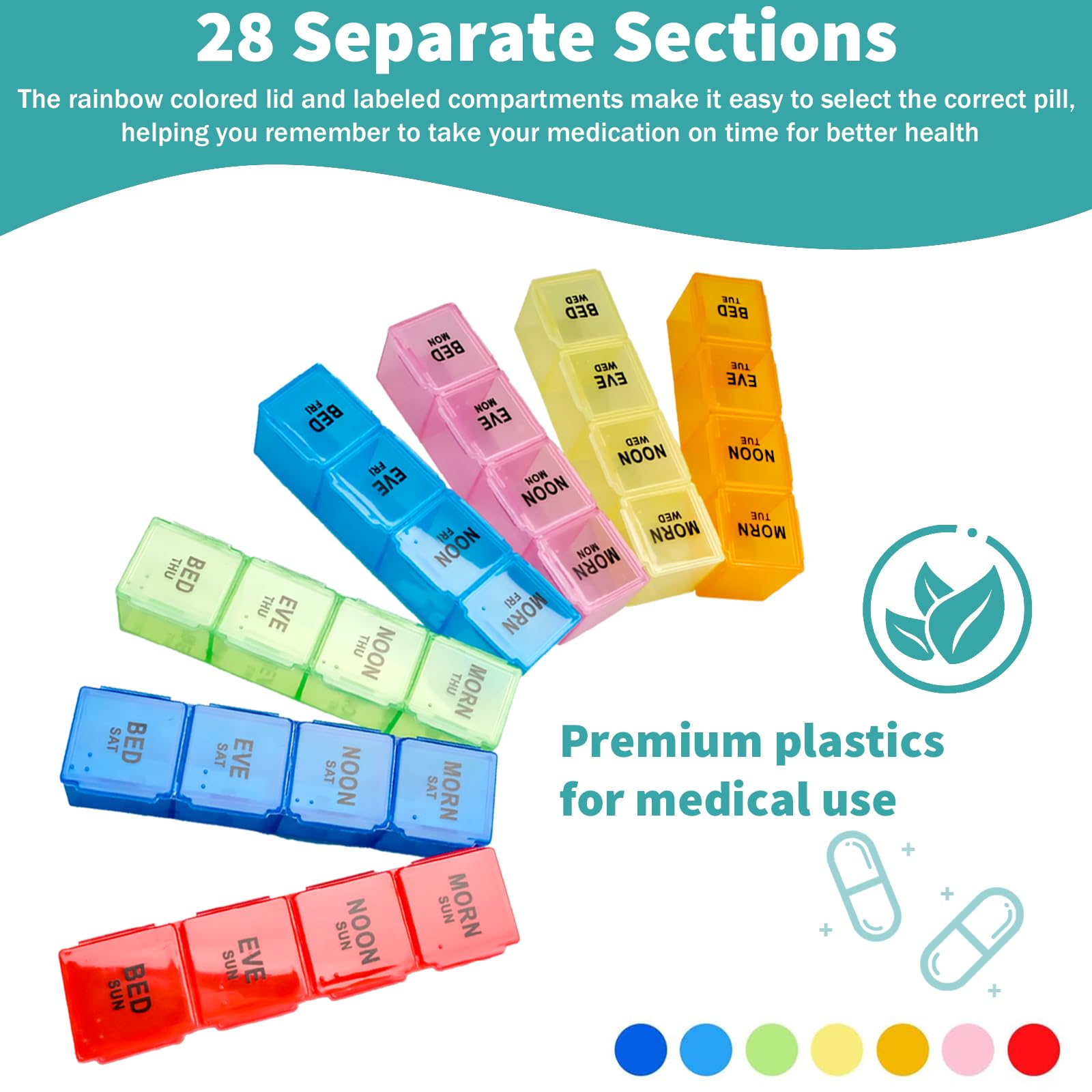 Lot de 9 piluliers hebdomadaires étanches pour médicaments 4 fois par jour 7 jours pour les voyages quotidiens pour vitamines et suppléments d'huile de poisson