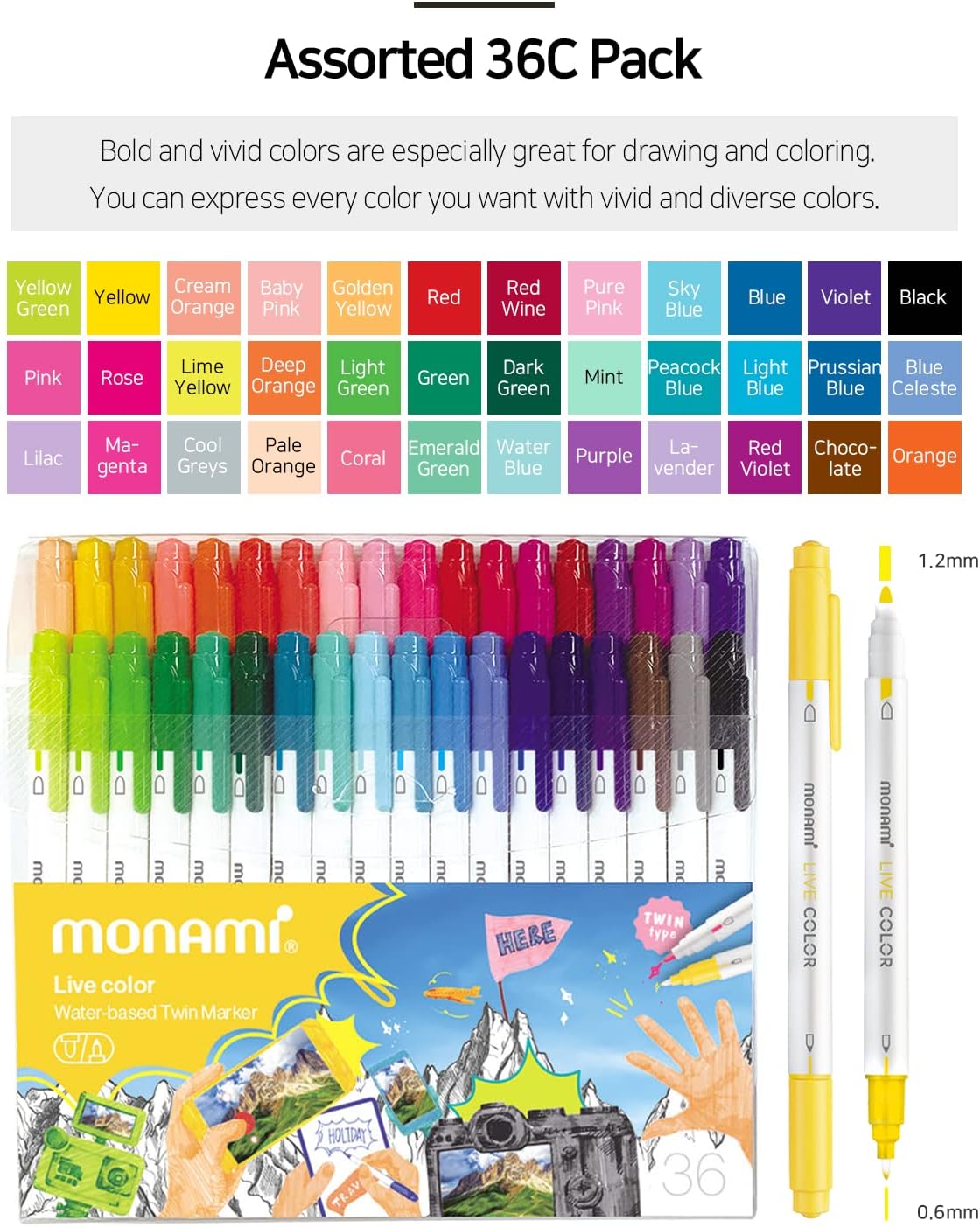 MONAMI LIVE COLOR Water-Based Twin Marker, Fine & Bullet Dual Tip Marker for Coloring/Drawing/Lettering/Decorating/Writing on notebooks and planners, New White Body Design 36C-Pack