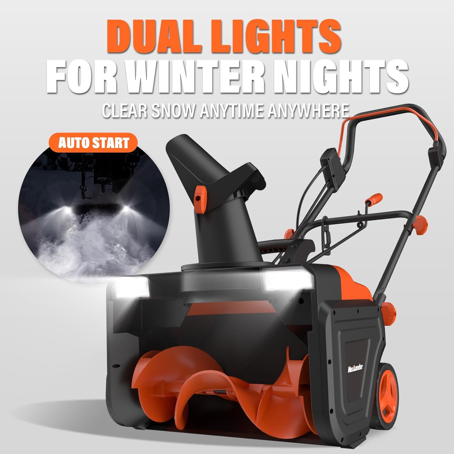 Snow blower with dual LED lights illuminated in the dark