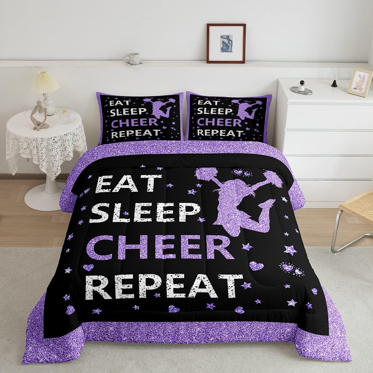 Purple Black Cheerleader Bedding Set For Teen Girls Twin