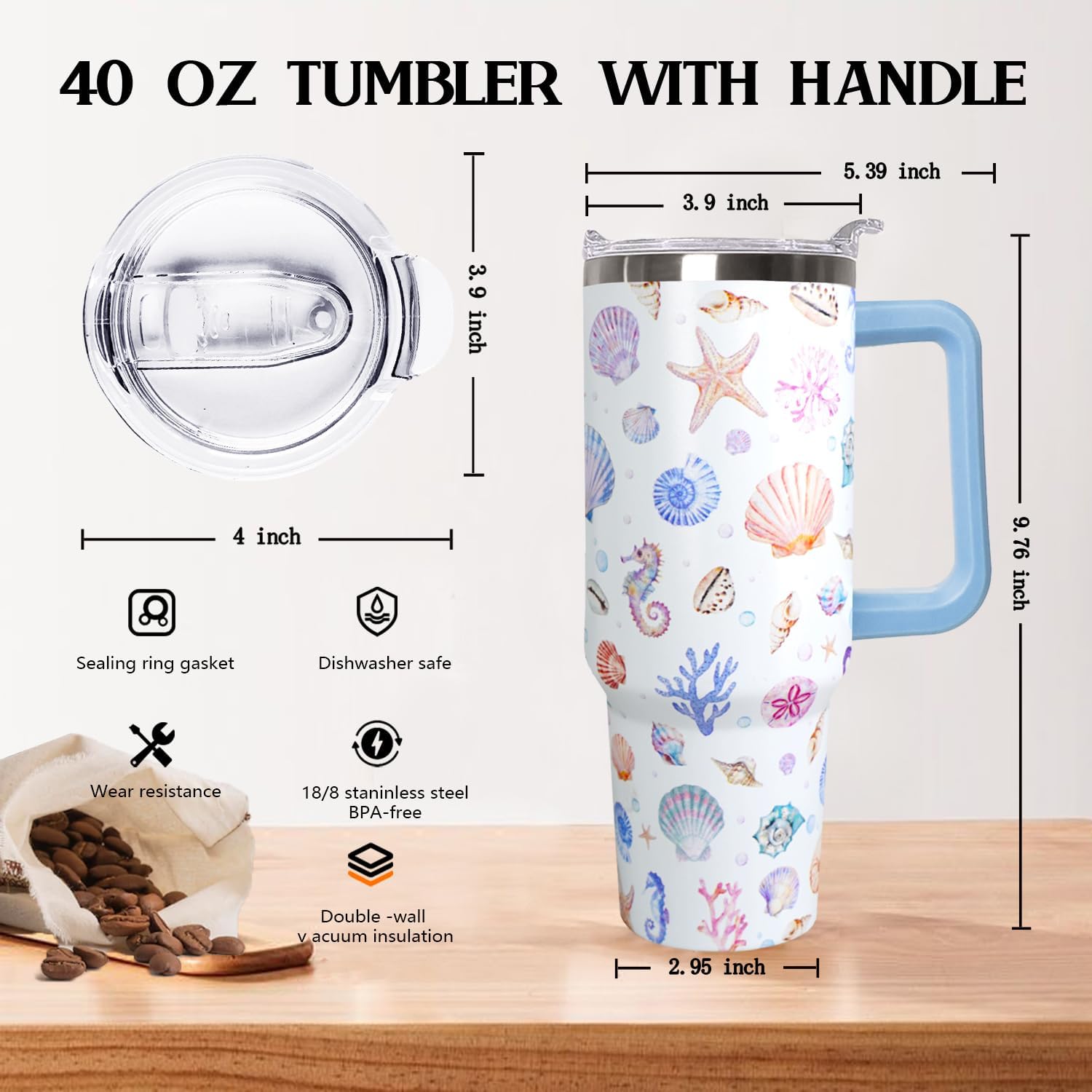 Ceovfoi 40 Oz Rainbow Seashells Tumbler with Handle Lid and Straw,Watercolor Ocean Cup,Water Bottle,Travel Coffee Mug,Hawaiian Rainbow Seashells Decor,Accessorie - Image 2