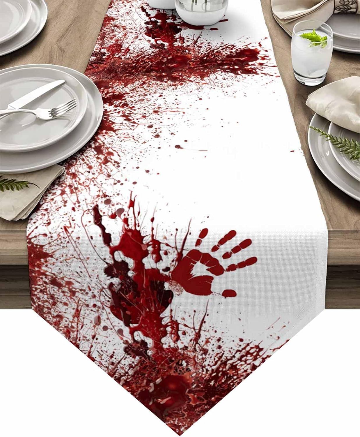 Z&L Home Linen Burlap Table Runner Dresser Scarves, Horror Bloody Table Runners for Dinner Holiday Party, Wedding, Events, Kitchen Decor Halloween Red and White 13x70Inch
