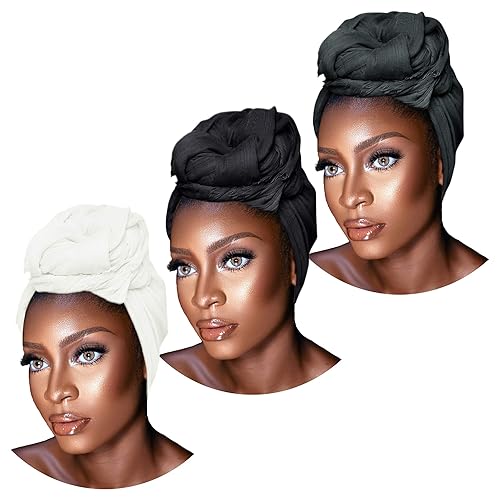 Ankara - Diadema suave con estampado africano para la cabeza bufanda larga para el cabello turbante de punto africano blanconegrogris 9
