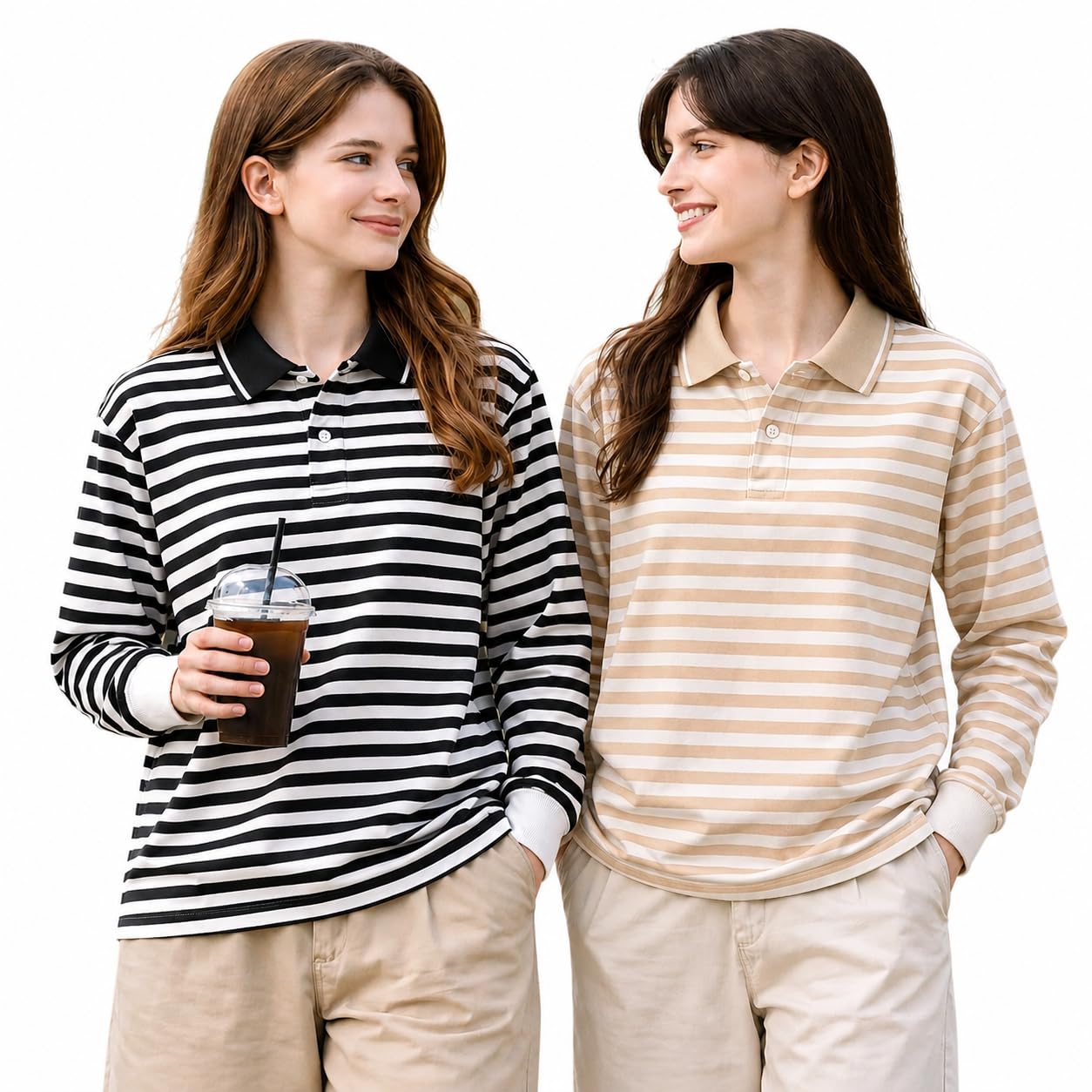 mack jonney Women's Regular Fit Striped Polo T-Shirt | Cotton Blend | Collared Neck | Full Sleeve Casual Polo Tee for Women (Pack of 2)-MJ-471-picture-35