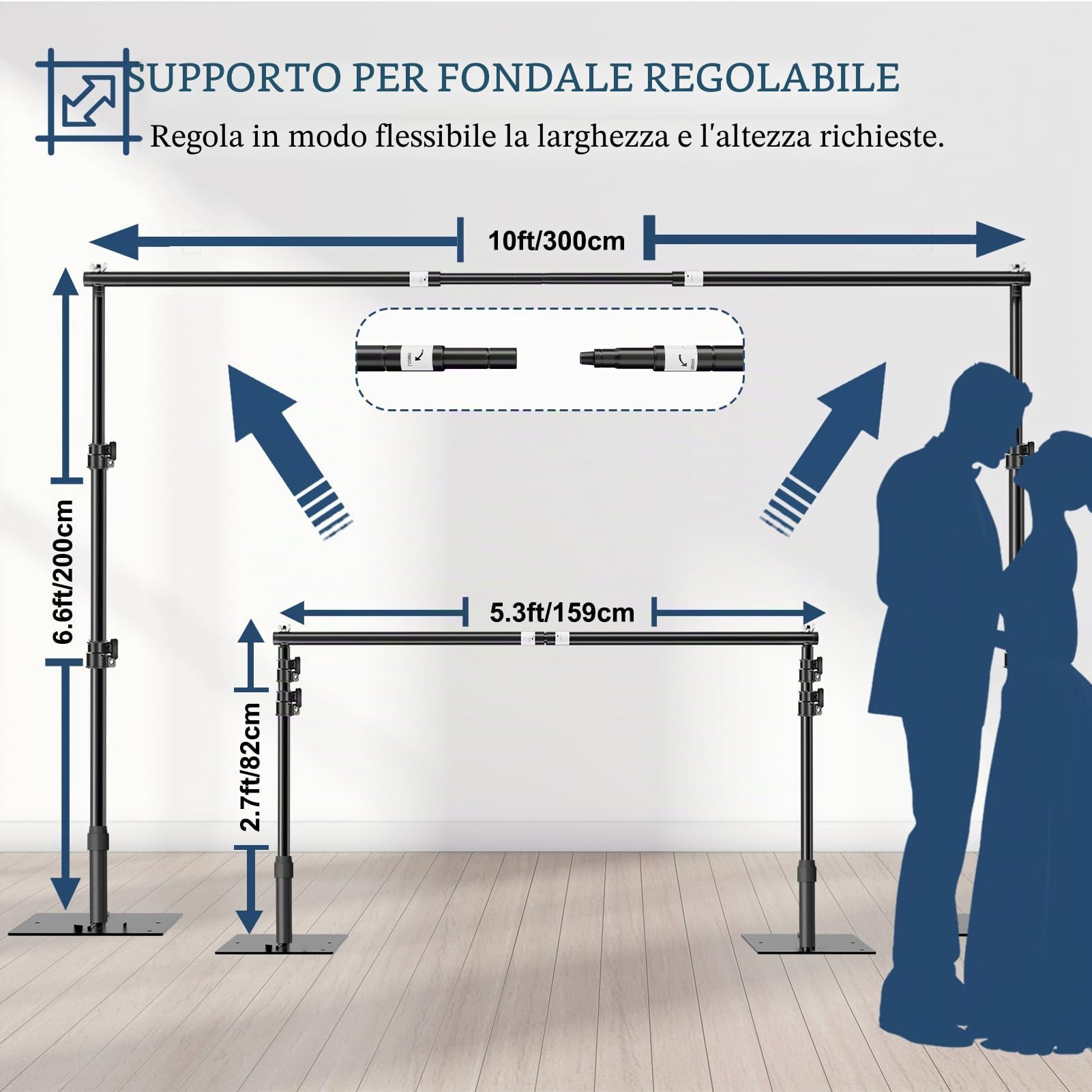 Supporto per fondale resistente, 2 m x 3 m, cornice regolabile con base in metallo, tubo e kit di supporto per cabina fotografica, video, studio, decorazione, matrimoni, feste di compleanno,