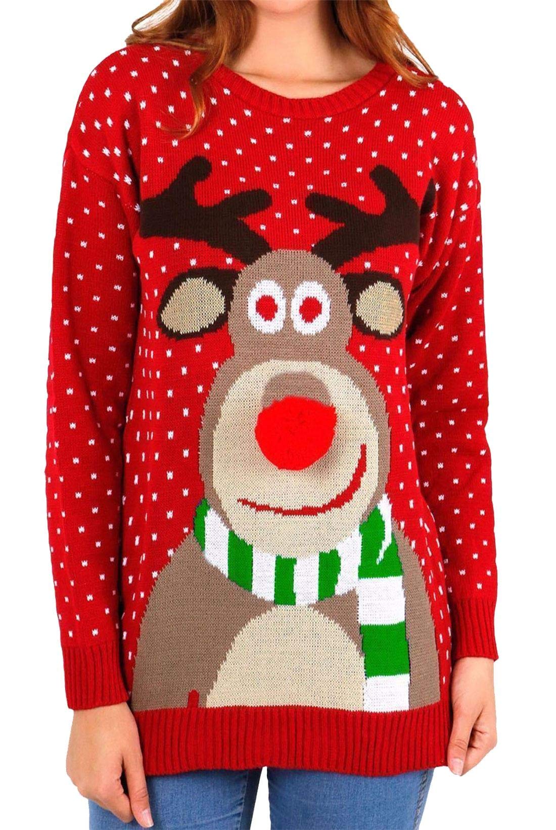 FK Styles Womens Rudolph Reindeer Print Snowflake Christmas jumper (2XL = 20-22, 3D Pom Pom Red)