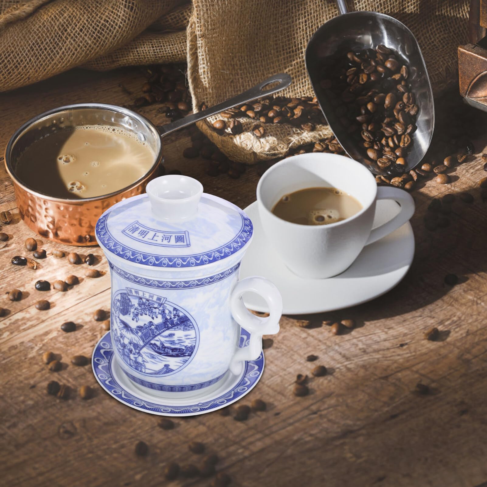 LABRIMP 1ensemble Tasse à Thé Céramique Chinoise Avec Infuseur Et Couvercle Design Rétro Pour Bureau Et Réunions Familiales Pratique Et Décoratif