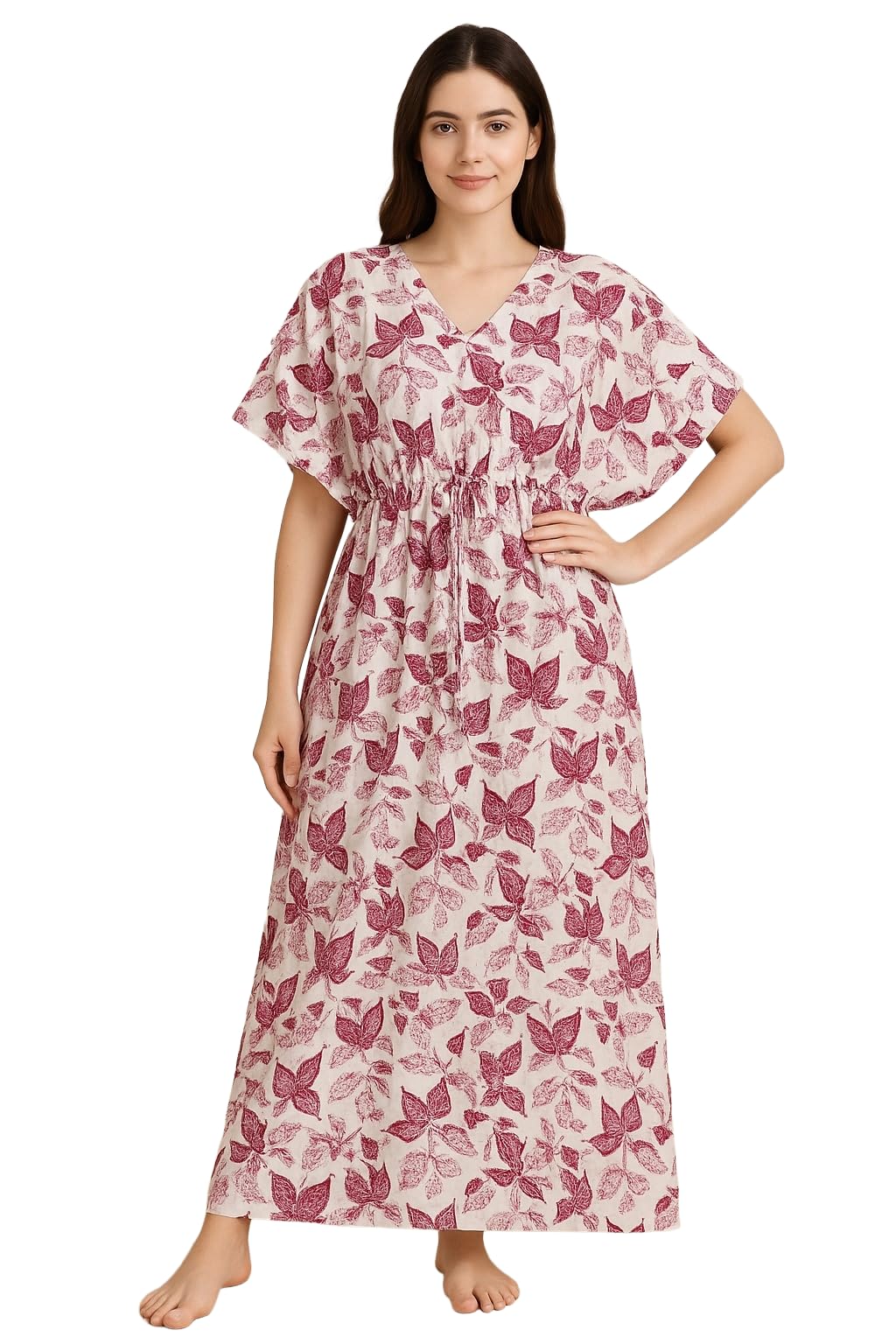 Pure Cotton Kaftan Nighty for Women Free Size | White Maxi Dress for Women Cotton | Long Kaftan Night Suit for Women Gown | Cotton Nighty for Women Stylish |