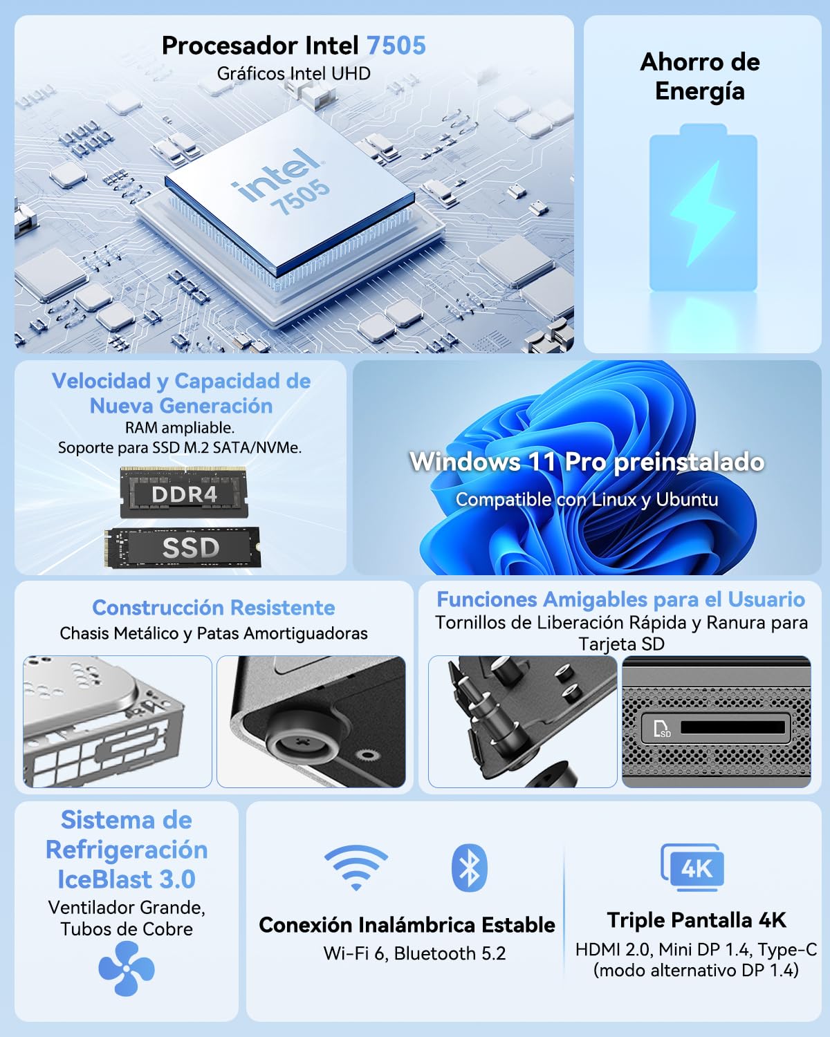 GEEKOM Air12 Mini PC 2026 con Intel Pentium Gold 7505, 8GB RAM, 256GB SSD, Mini Ordenador con Ranura SD, 2X USB-C, 3 Pantallas 4K, Gigabit Ethernet, Ordenador Compacto para Negocios y Uso Doméstico