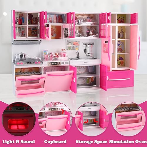 Vista 4 de My Modern Mini Kitchen House - Juego de accesorios de juguete con luces y sonidos realistas para niños pequeños, niñas (4 en 1 con muñeca)
