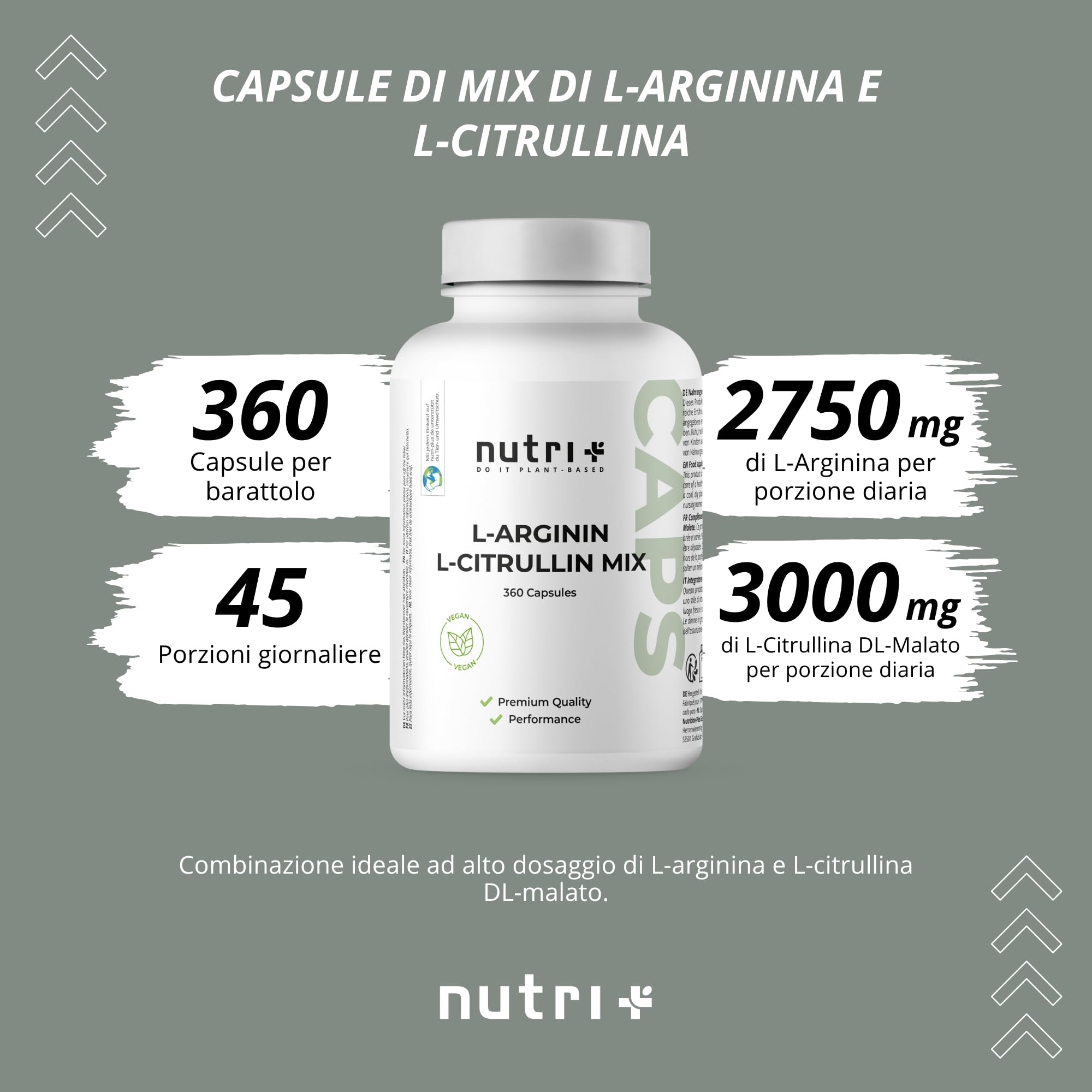 Nutri + Capsule Arginina Citrullina - 360 Capsule alto Dosaggio + vegane - 3000mg L-citrullina Malato + L-arginina Base - Bodybuilding - Qualità premium senza Magnesio Stearato o Additivi
