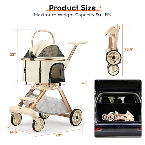 Miniatura 2 de 3-in-1 Foldable Pet Stroller for Medium Dogs Cats up to 50lbs, Adjustable Handle Detachable Carrier Car Seat, 5" Lockable All-Terrain Wheels, Large
