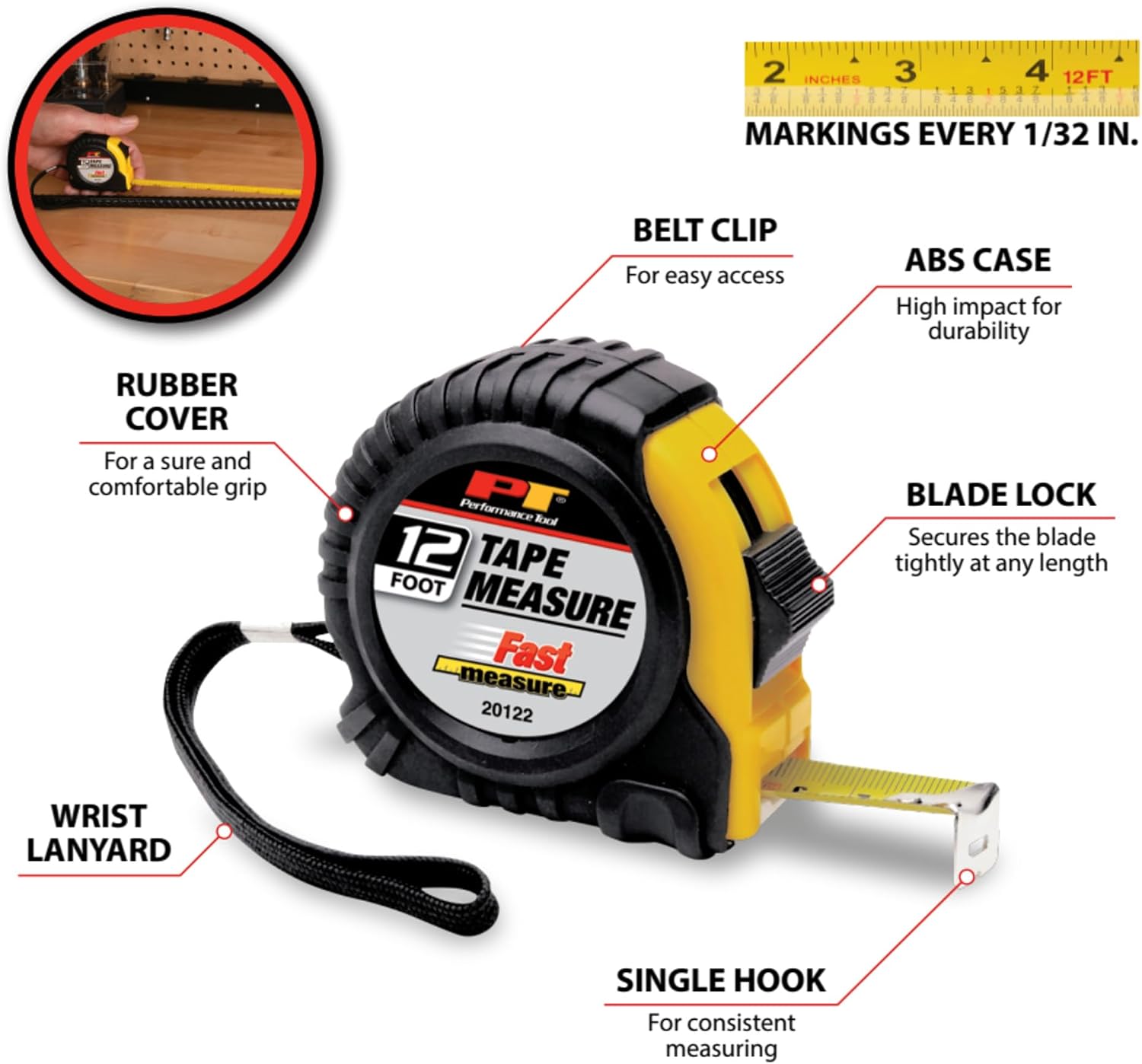 Performance Tool 20122 Cushion Grip Tape Measure - Easy-to-Read 5/8-Inch x 12 feet Measure for Accurate and Reliable Measurements