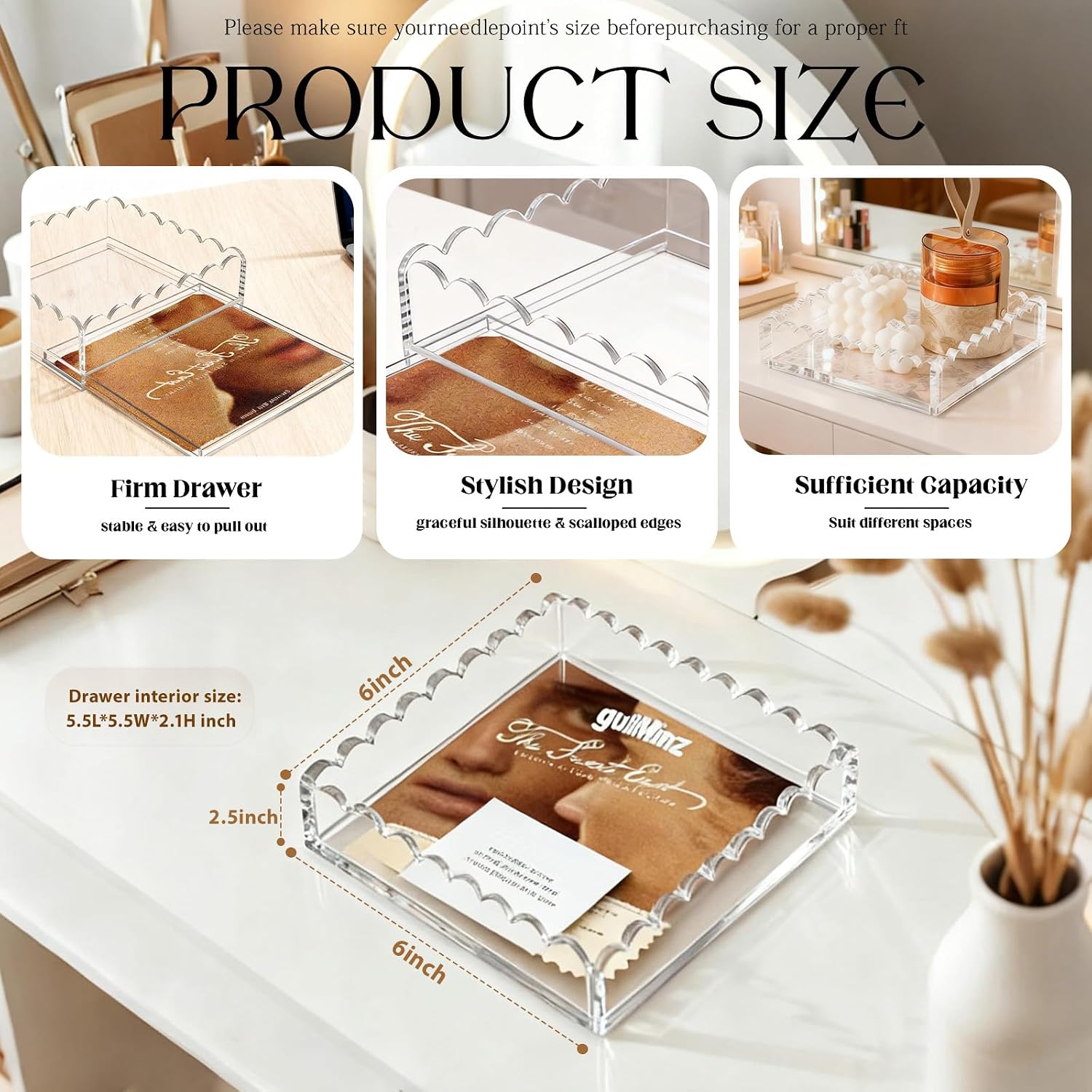 Acrylic Trays for Needlepoint 6" x 6", OUPSAUI Scalloped Acrylic Tray with Drawer for Insert Needlepoint, Photos, Art, Fabric, Napkin, Messages Display Basket, Decorative Tray Gift for Home Office