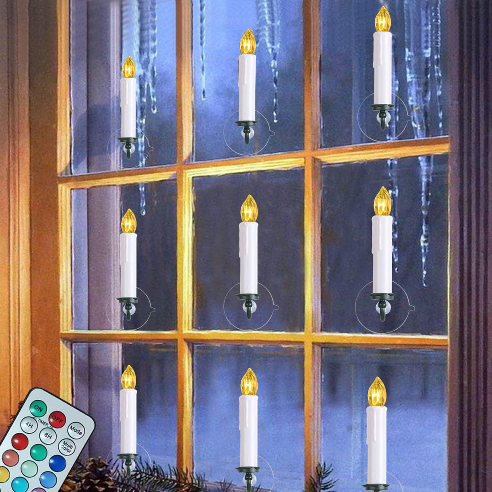 10 Pack Window Candles Battery Operated Candles with Timer Remote 12 Colors LED Flameless Taper Candles for Holiday Christmas Window Flickering Lights Decorations